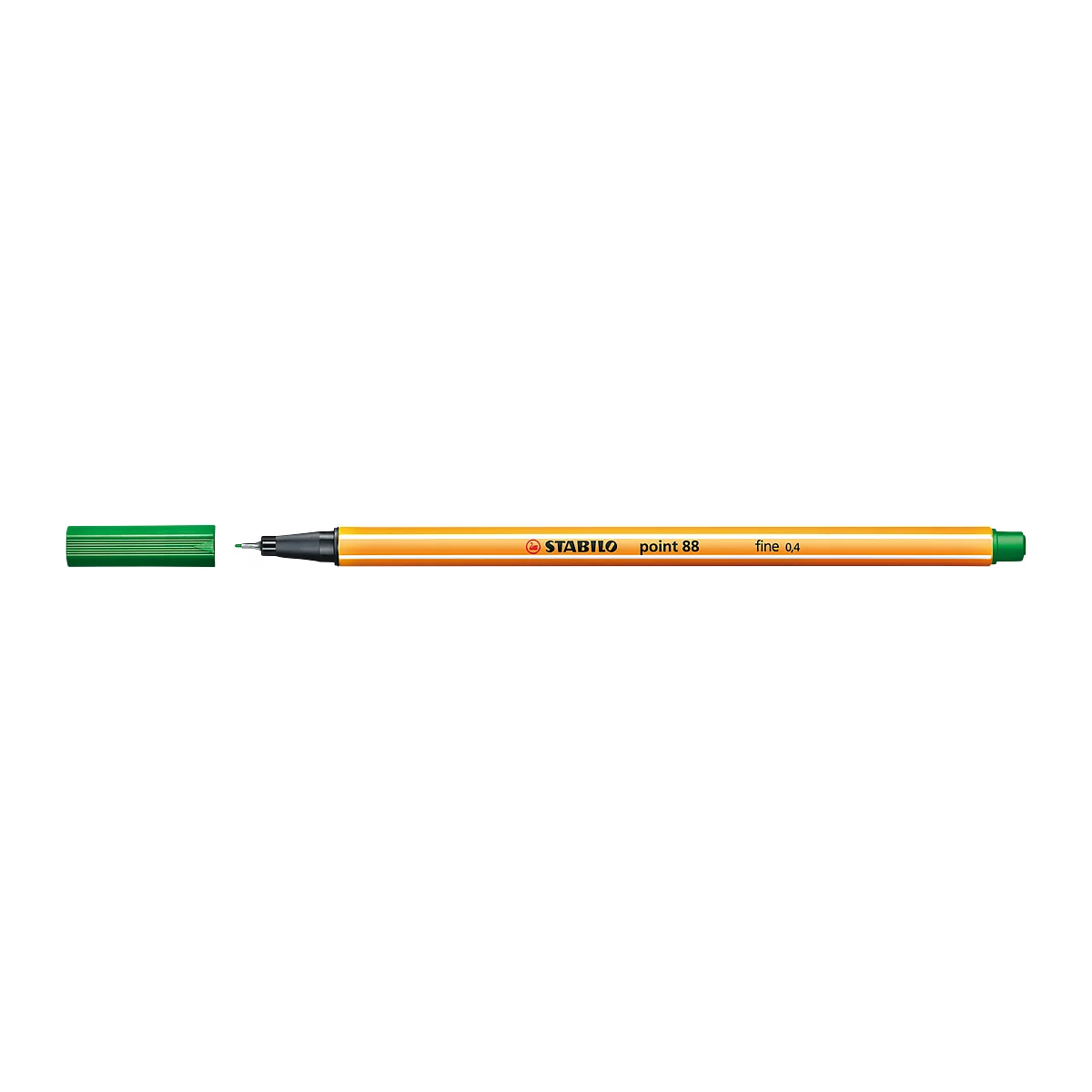 Close-up of a green pen with black tip, gold sleeve and brand name.