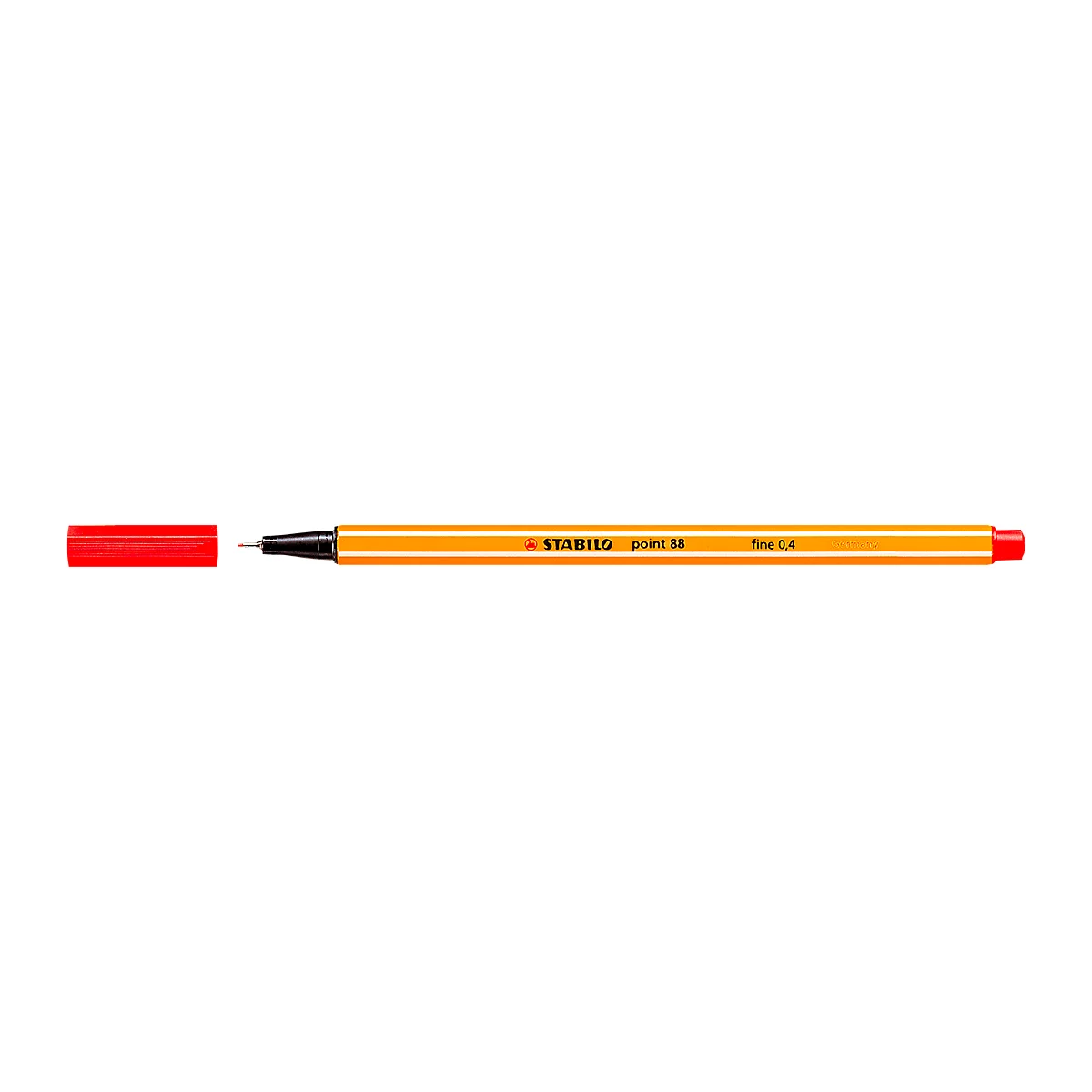 Close-up of an orange Stabilo highlighter with a black tip and red end cap. Printed text: Stabilo Point 88.