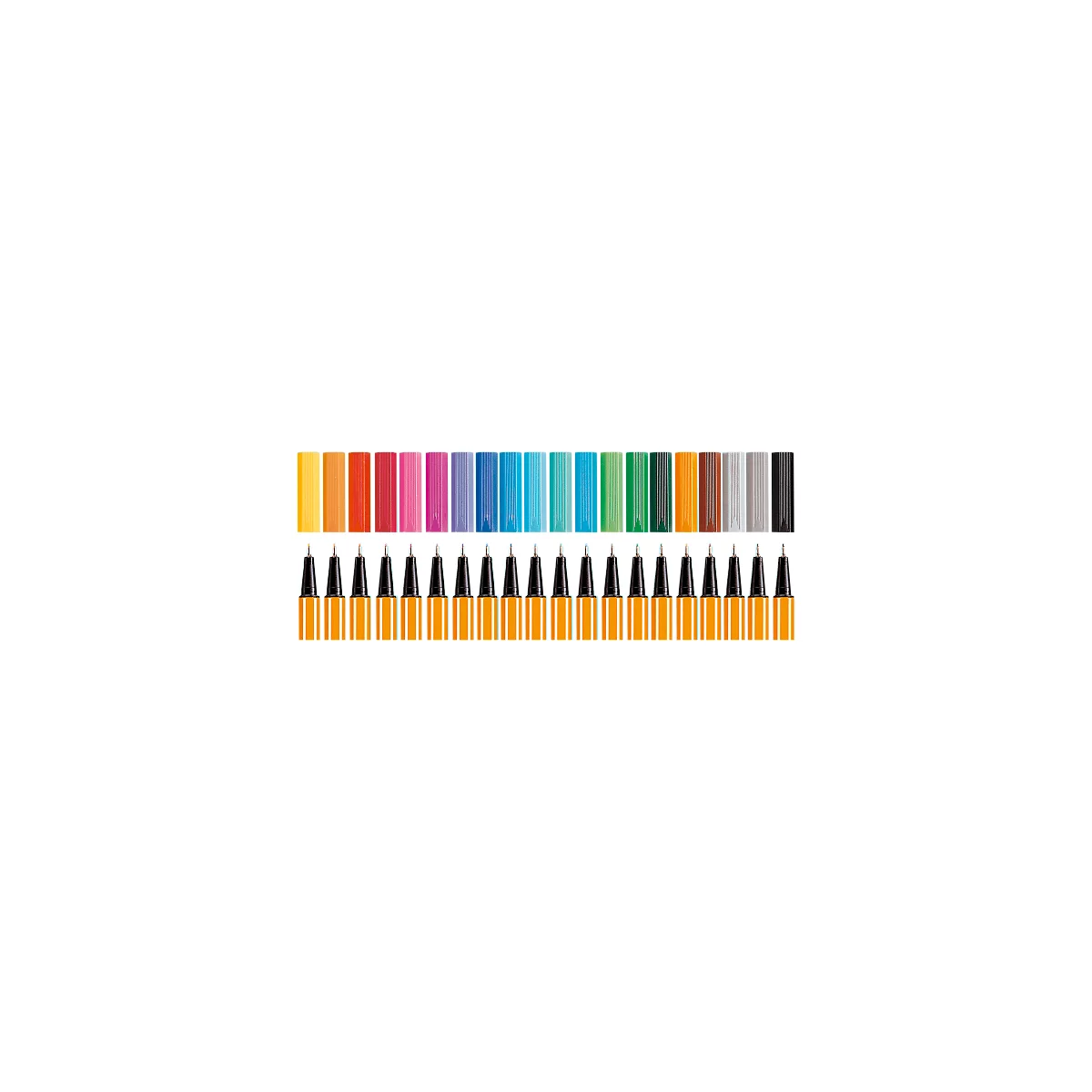 Een reeks van 20 kleurrijke viltstiften in verschillende kleuren, waaronder geel, rood, blauw, groen, bruin, grijs en zwart.