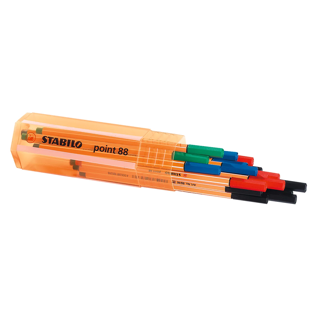 A set of Stabilo pens, partially removed from a transparent orange plastic case. Several colored tips protrude.