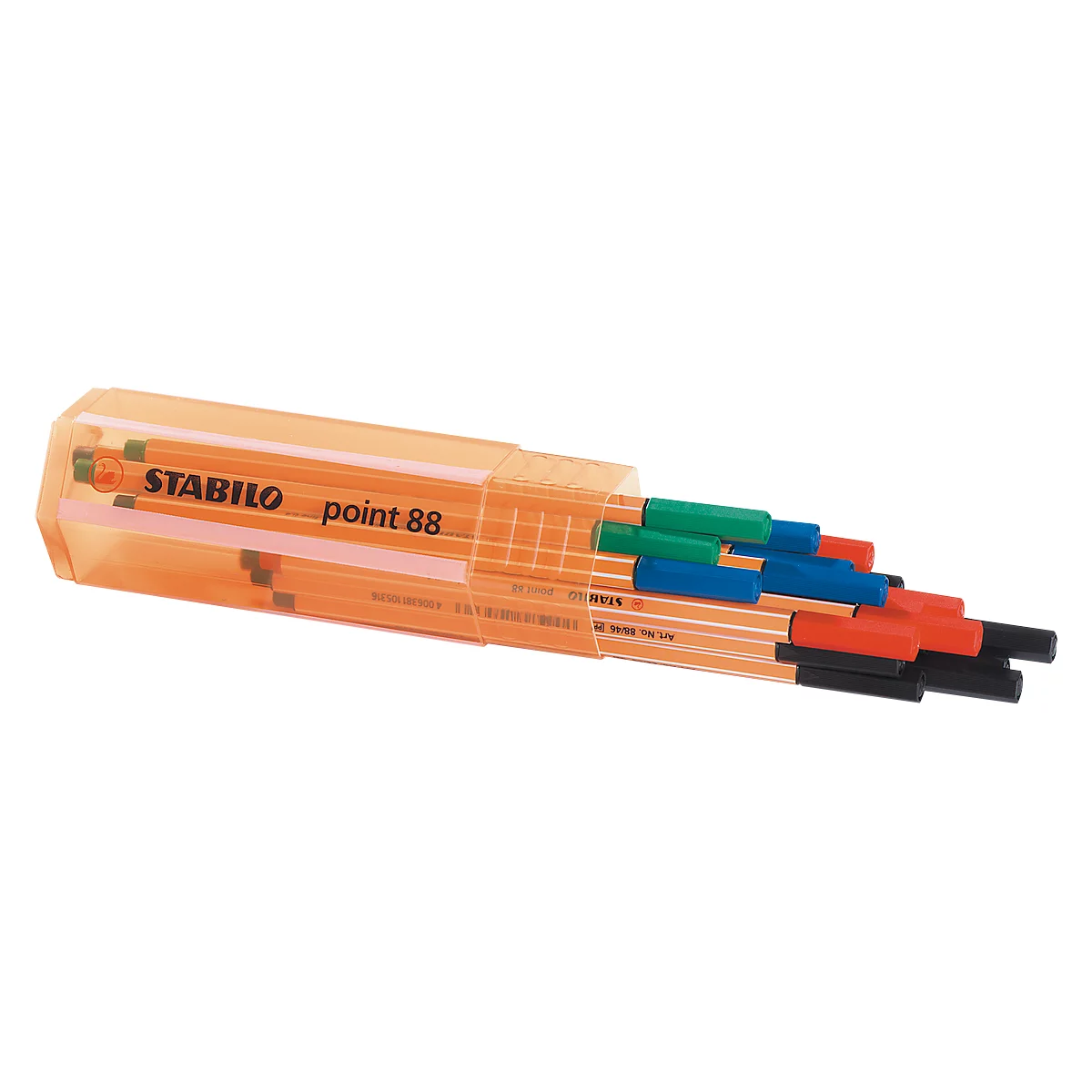 Orange pencil case with various colored felt-tip pens. "Stabilo point 88" is written on the case.