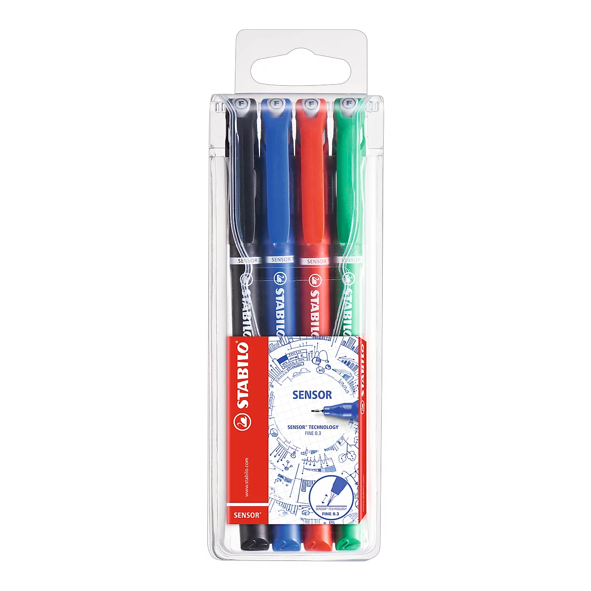 Stabilo Fineliner Sensor, lijndikte 0,3 mm, punten in metaal gevat, etui met 4 stuks