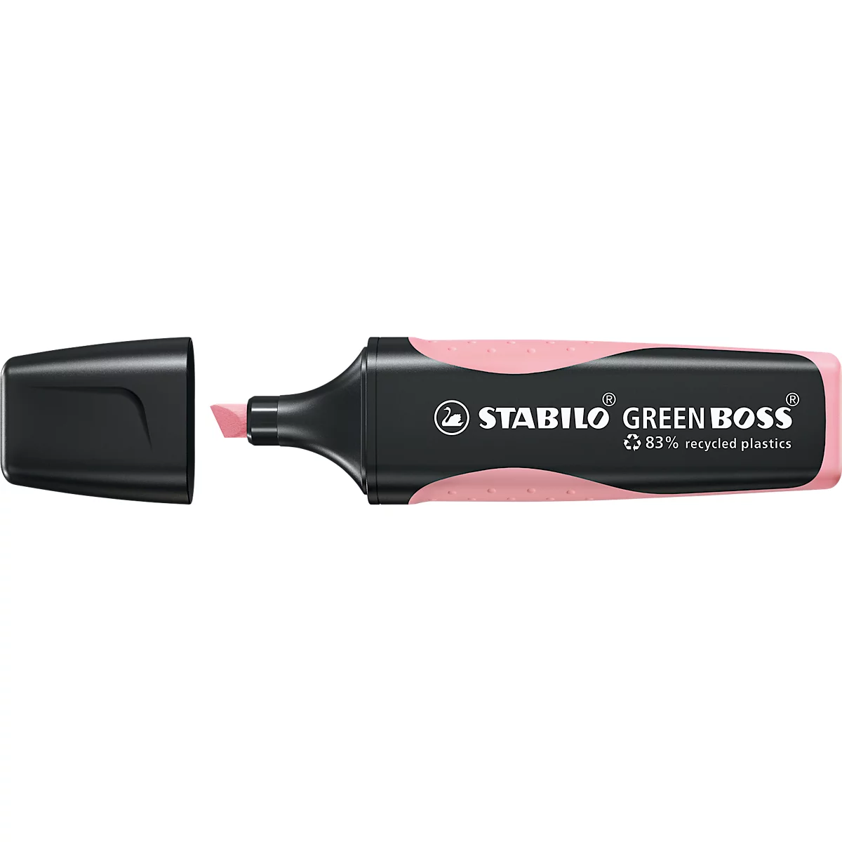 A pink highlighter with a black cap lying next to it. The pen reads "STABILO GREEN BOSS".