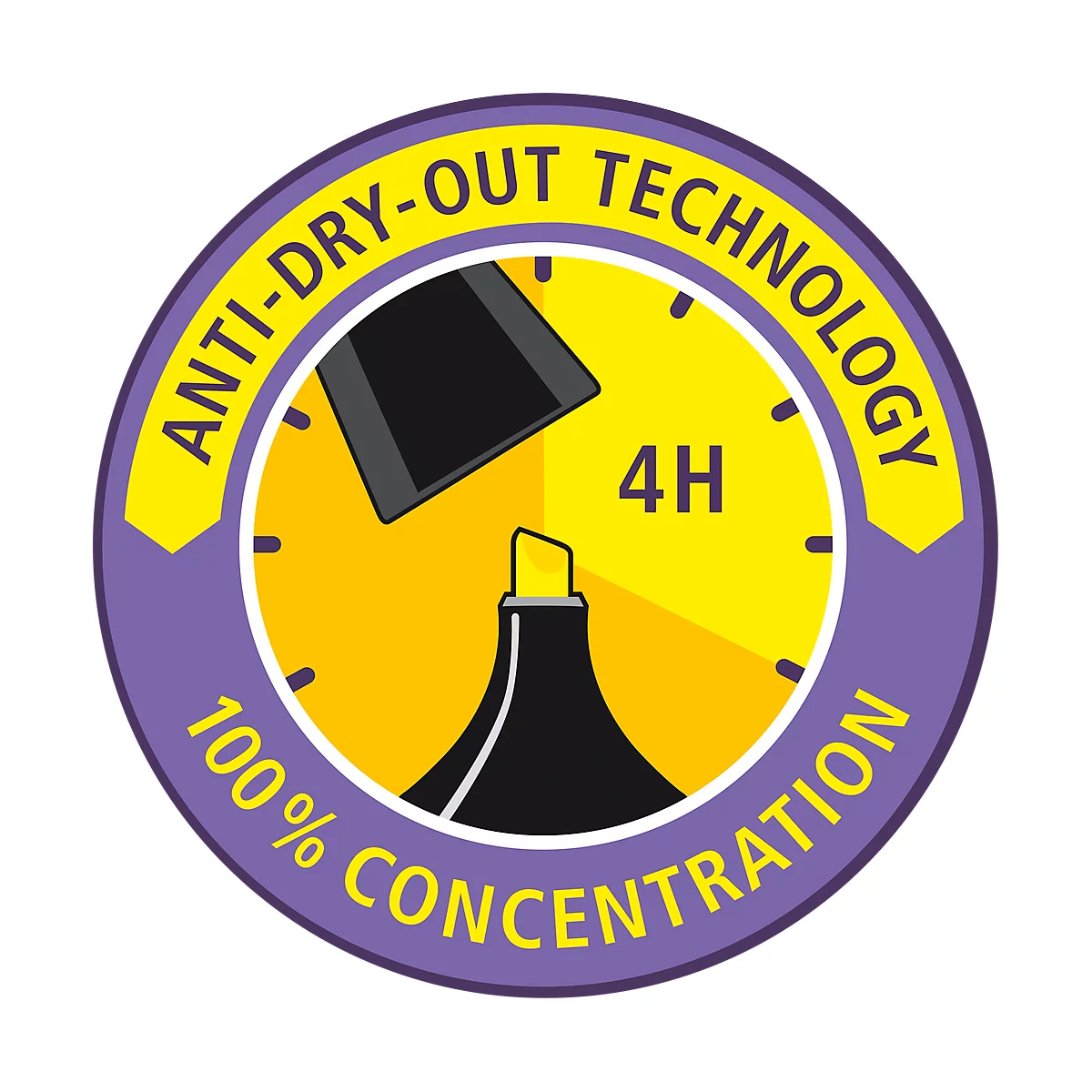 Round sticker with text: ANTI-DRY-OUT TECHNOLOGY, 100% CONCENTRATION. A yellow felt-tip pen on a yellow background.