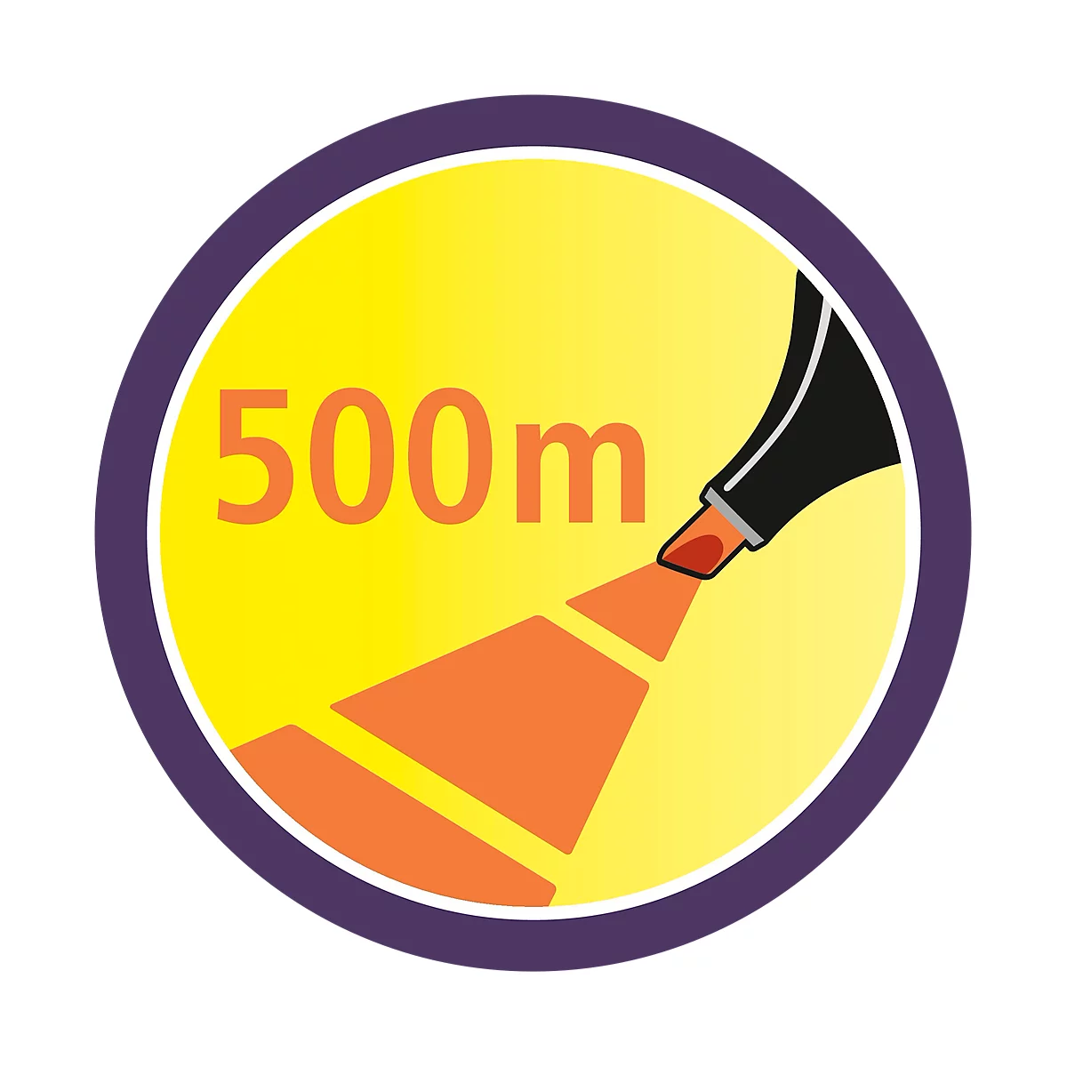 Round yellow background with purple border. Orange text "500m" with orange marker running out.