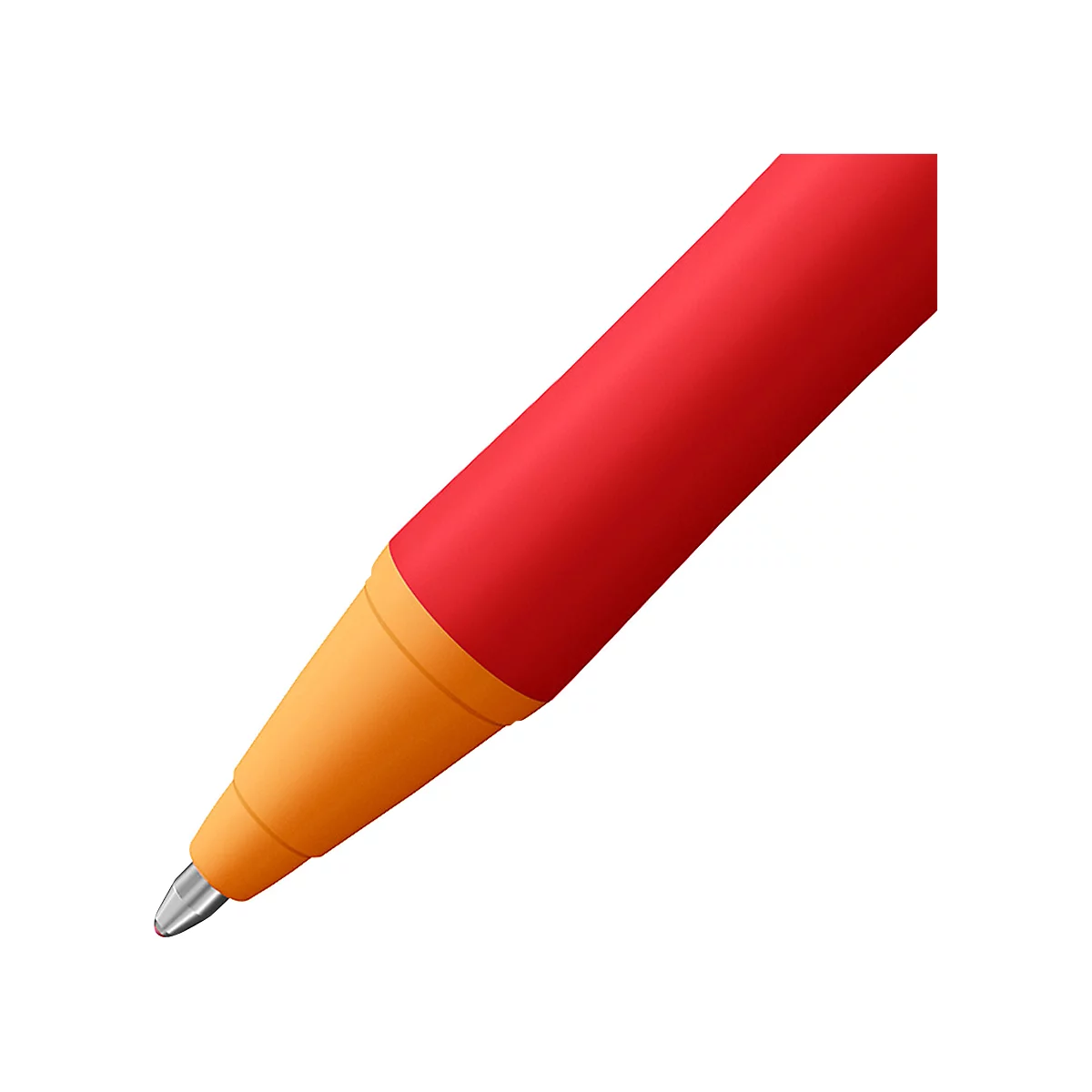 Nahaufnahme eines roten Kugelschreibers mit orangefarbener Spitze. Die Spitze ist metallfarben.