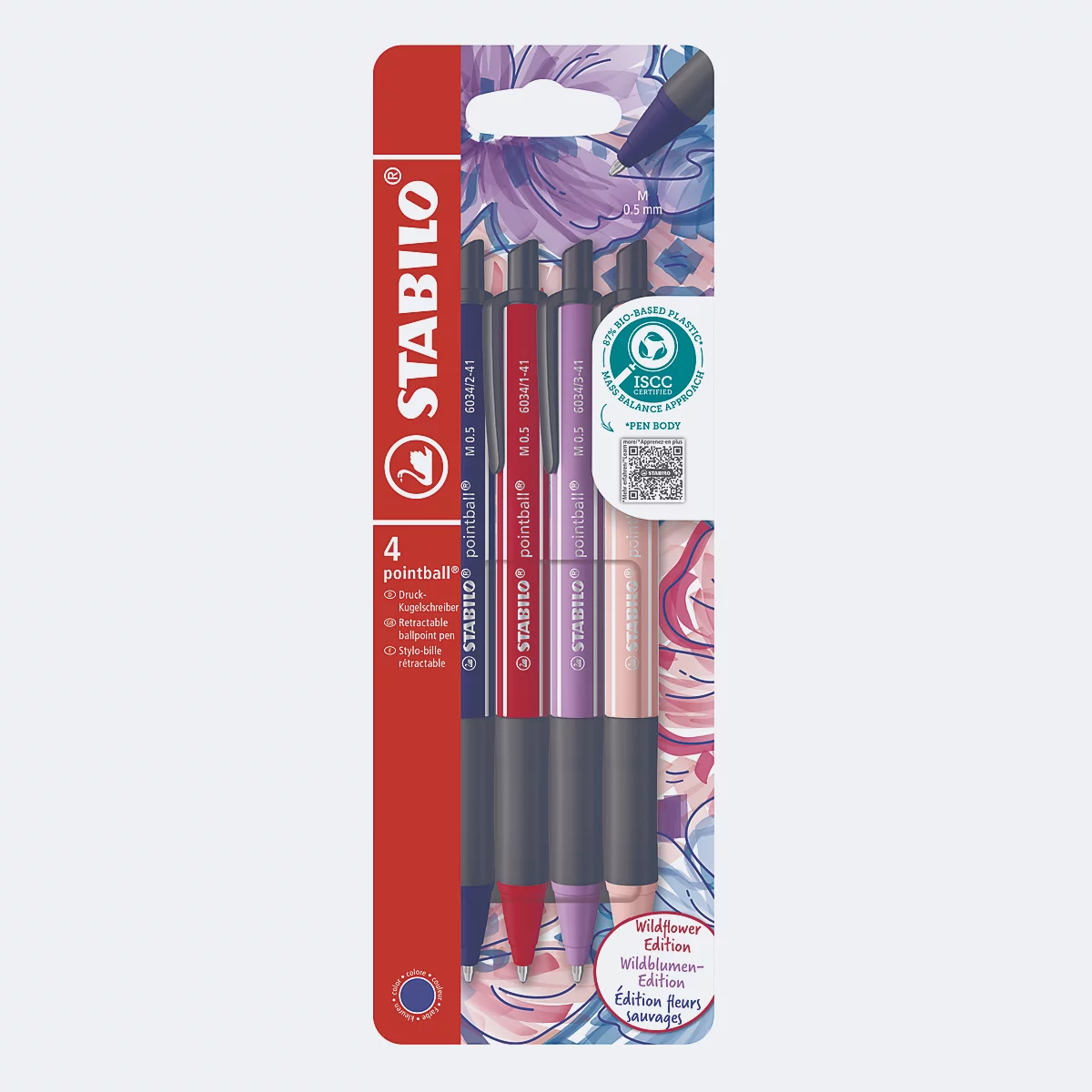 Packung mit vier STABILO paintball Markern. Farben: blau, rot, violett, rosa. Verpackung mit Blumenmuster, Herstellerlogo.