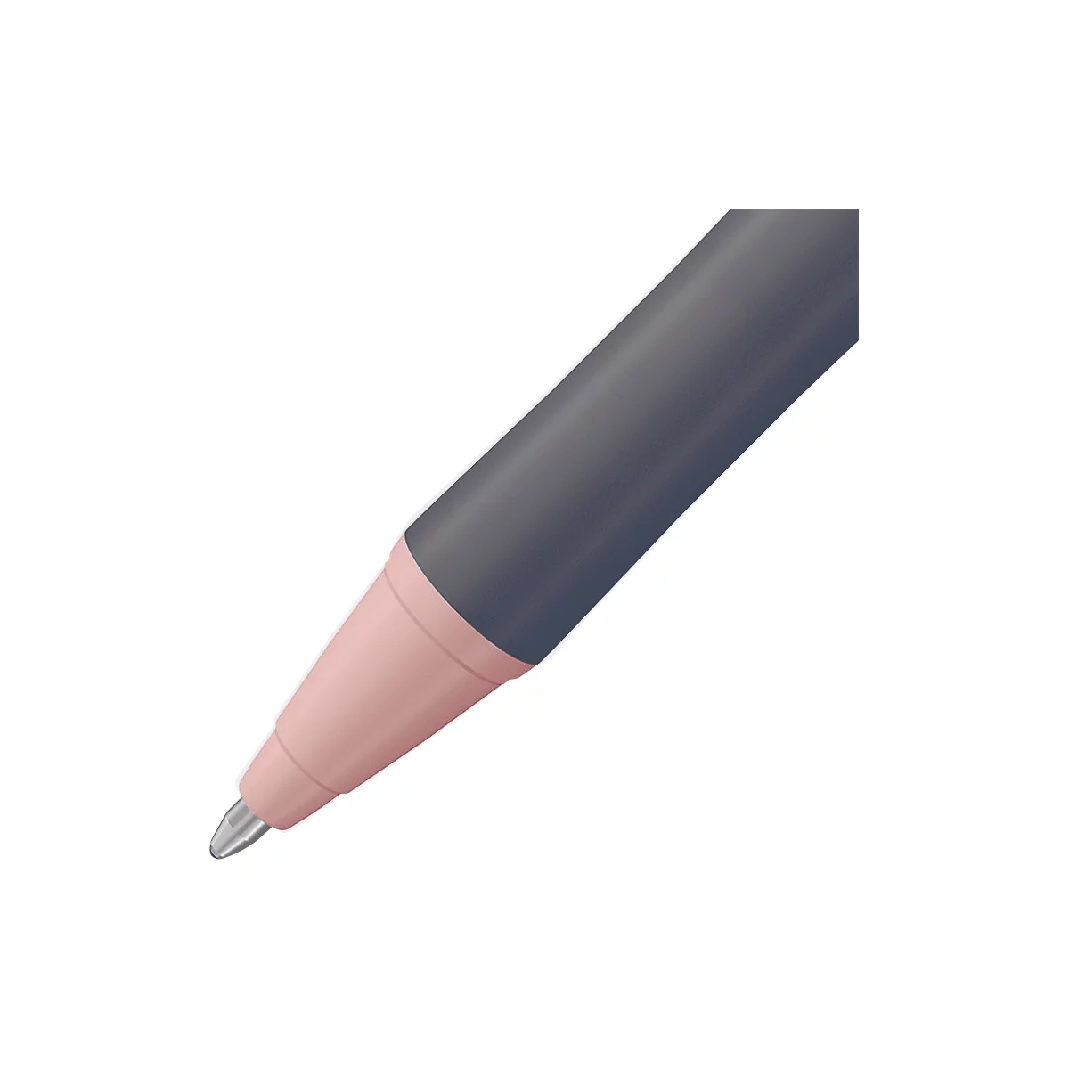 Nahaufnahme eines Stifts, dessen Spitze aus grauem Gehäuse mit rosafarbener Spitze hervorsteht.