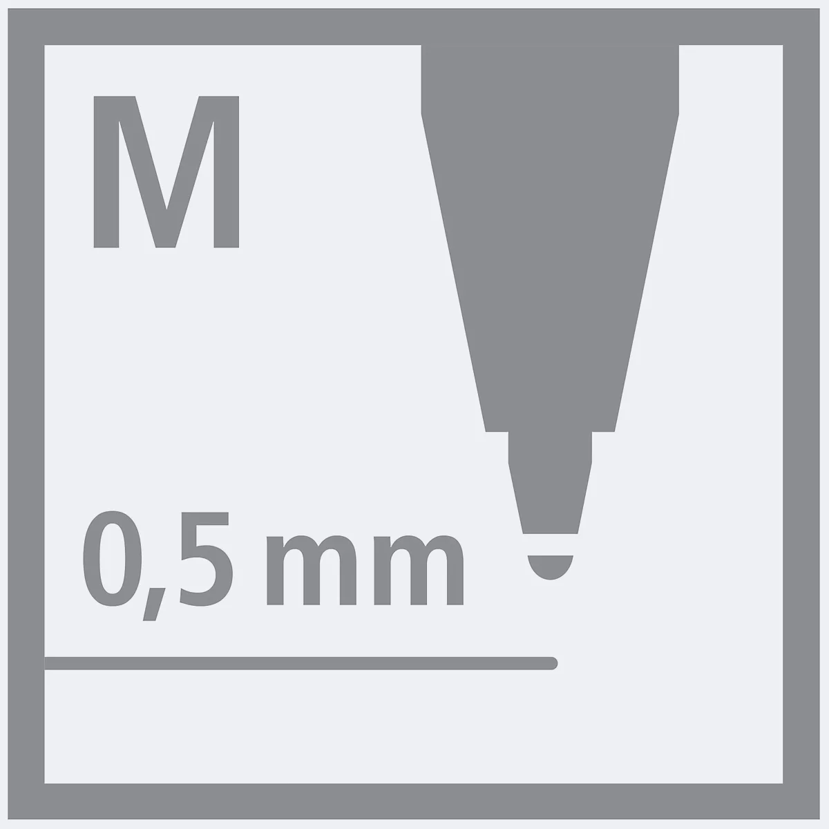 Graues Quadrat mit Stiftspitze. 'M', '0,5 mm' und eine Linie sind zu sehen.