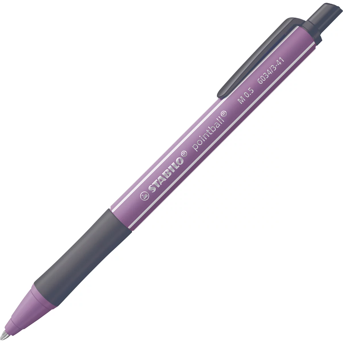 Ein lila Kugelschreiber, Marke Stabilo, liegt diagonal. Schwarze Griffzone und Clip, Aufdruck 'pointball'.