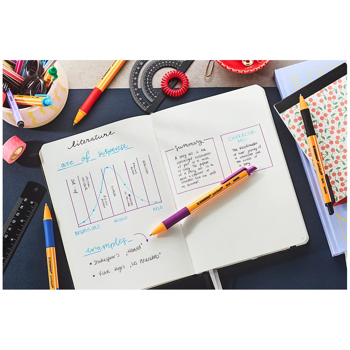 Notizbuch mit Diagramm, Notizen und Stiften auf Tisch. Gelb-lila Stift aufgeschlagen. Weitere Stifte, ein Winkelmesser, Haargummi und Klebeband.