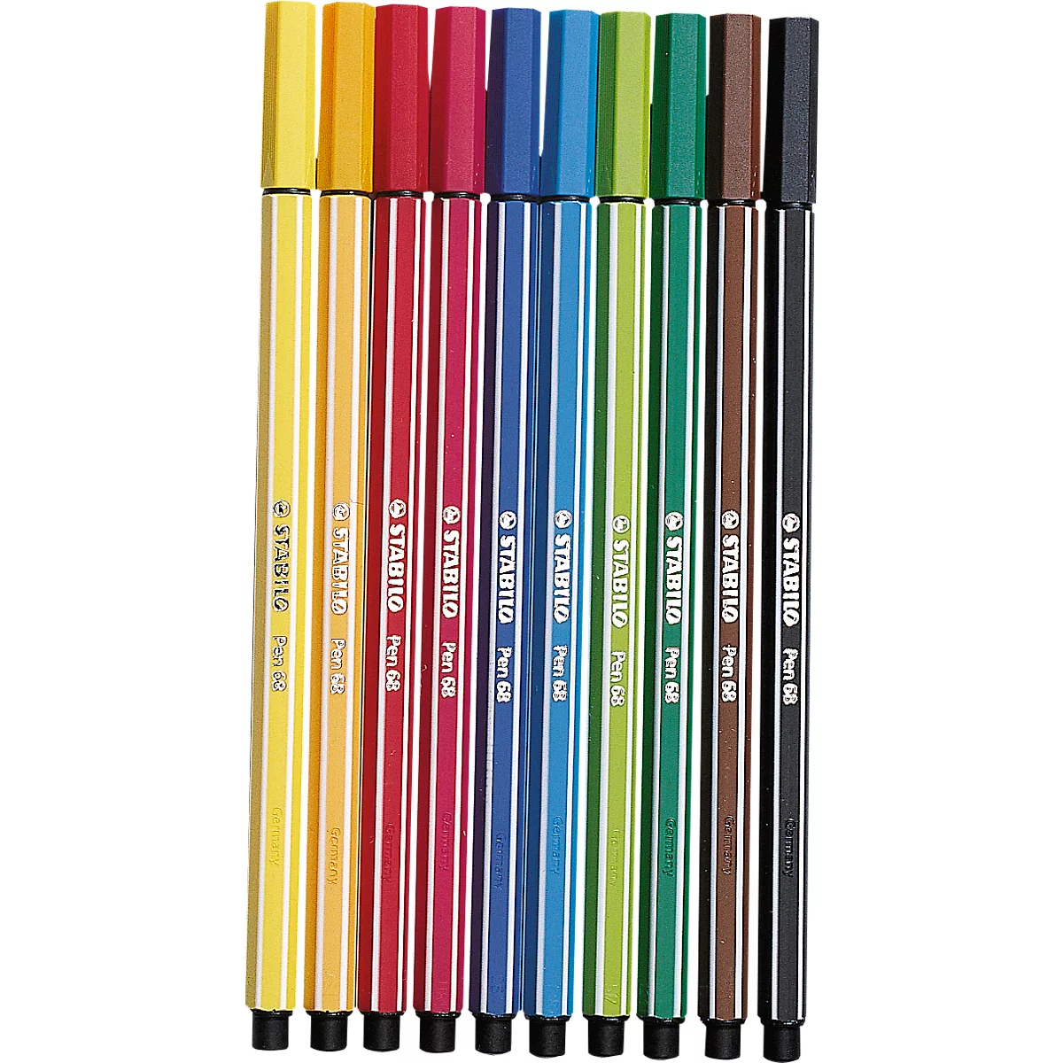 Nine colorful felt-tip pens stand upright. Each pen has a different color with the brand logo.