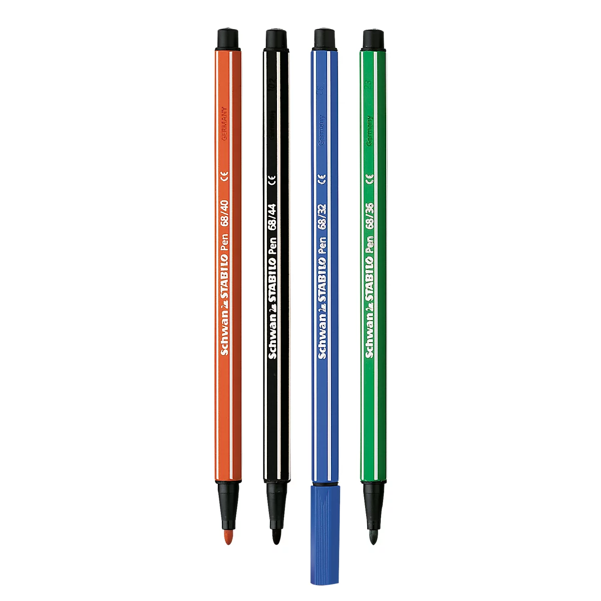 Four felt-tip pens in orange, black, blue and green. Each pen has the writing "Schwan-STABILO Pen".