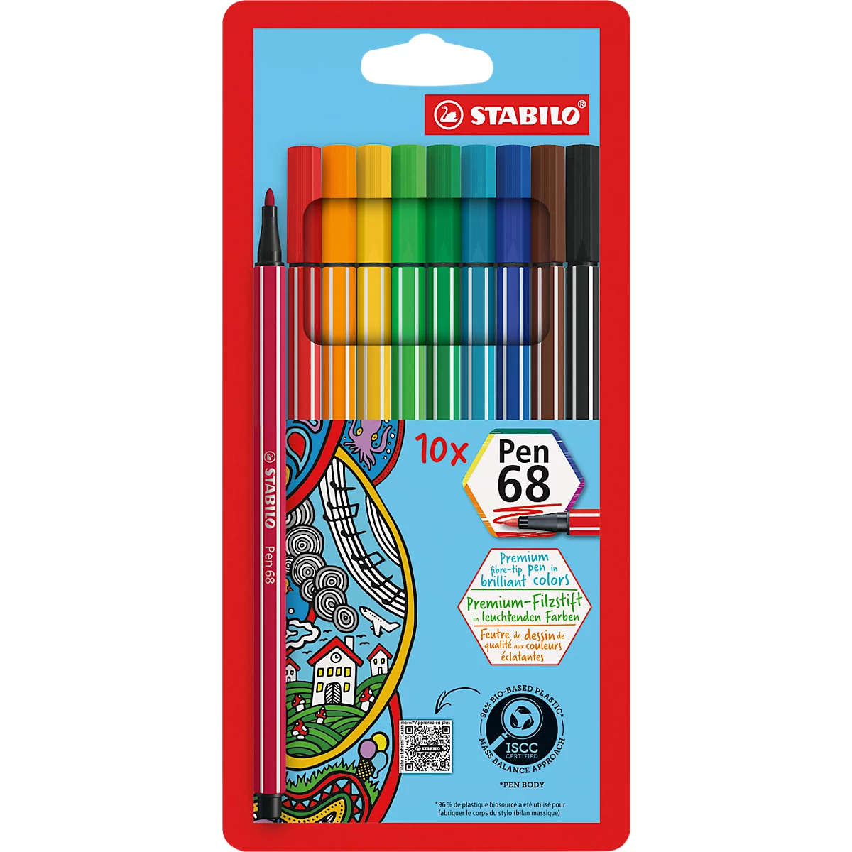 Pack of colorful STABILO Pen 68 felt-tip pens. A single pen and the pack itself are edged in red. The packaging says "10x Pen 68."