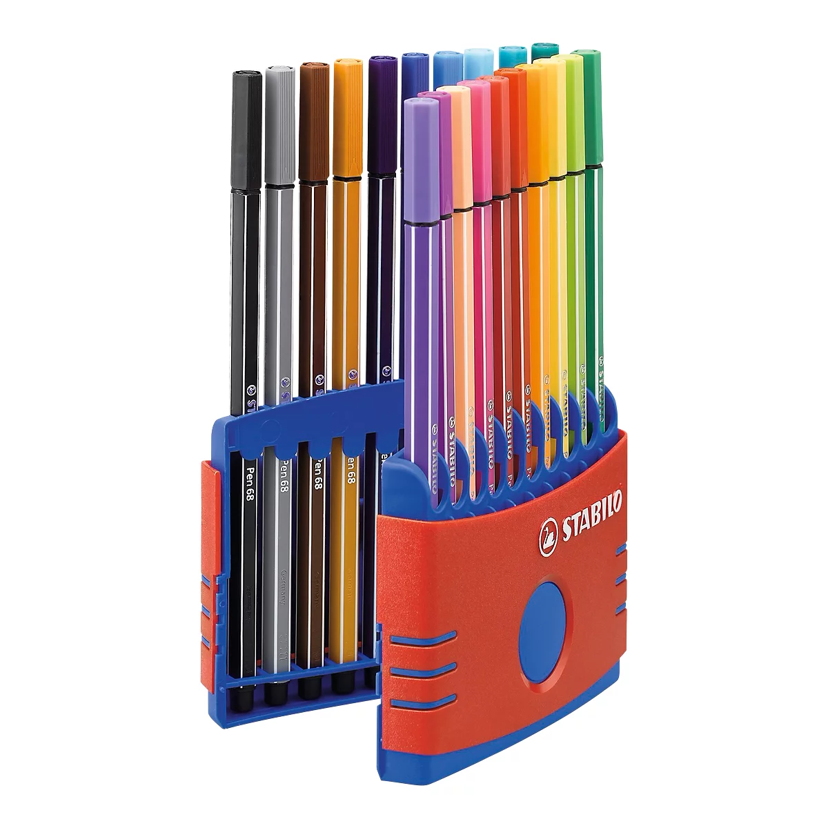 Row of colorful felt-tip pens in a blue and red holder, pens in different colors, "Stabilo" logo.