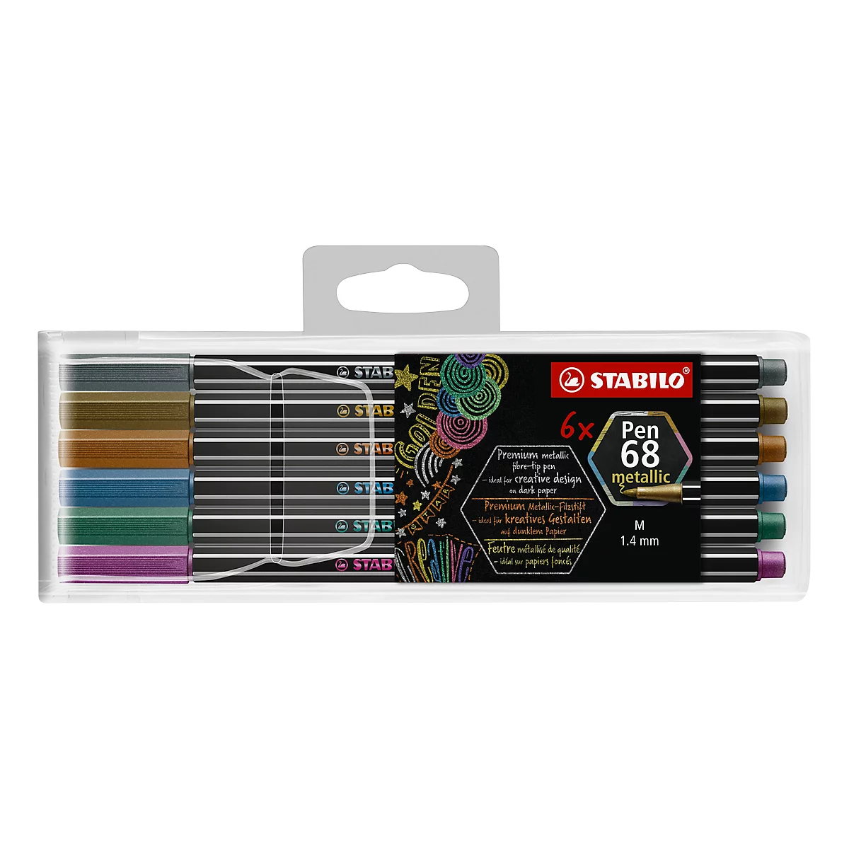 STABILO® Pen 68 metallic Premium-Filzstift, Rundspitze, Strichstärke 1,4 mm, 6er-Pack, farbsortiert