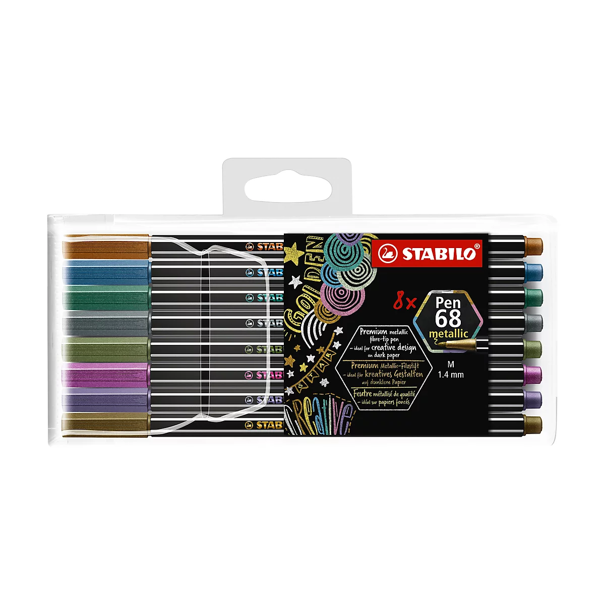 STABILO® Pen 68 métallique Feutre de qualité supérieure, pointe ogive, largeur de trait 1,4 mm, paquet de 8, couleurs assorties