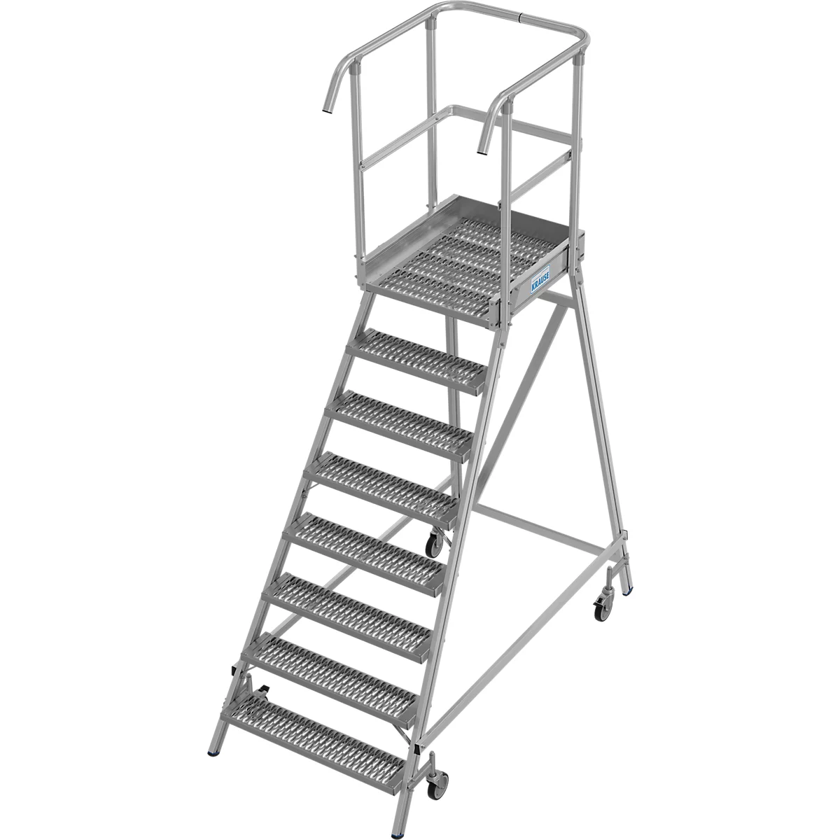 Grijze mobiele platformladder met gaas stappen, reling en wielen.