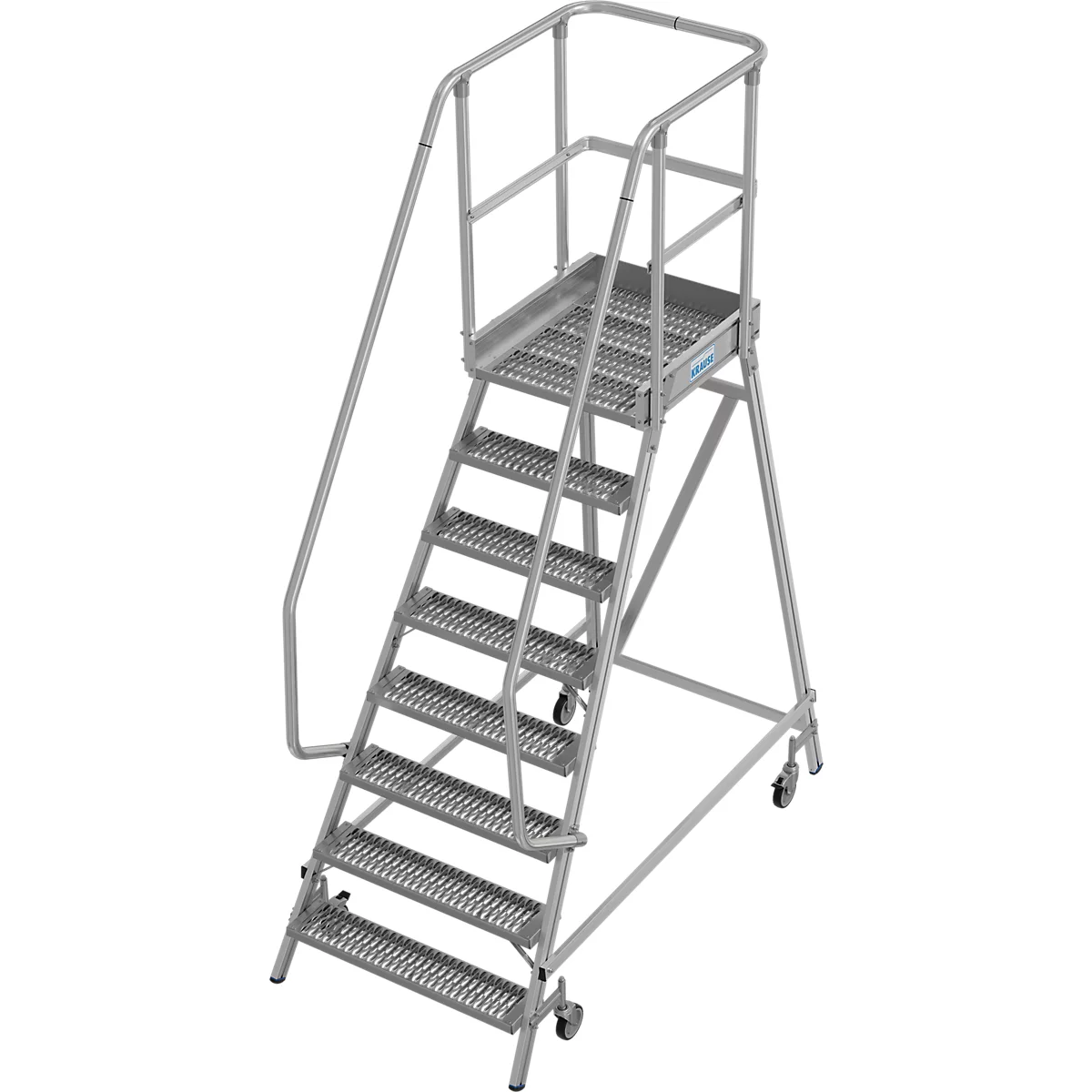 Een zilveren mobiele trap met leuningen en platform.