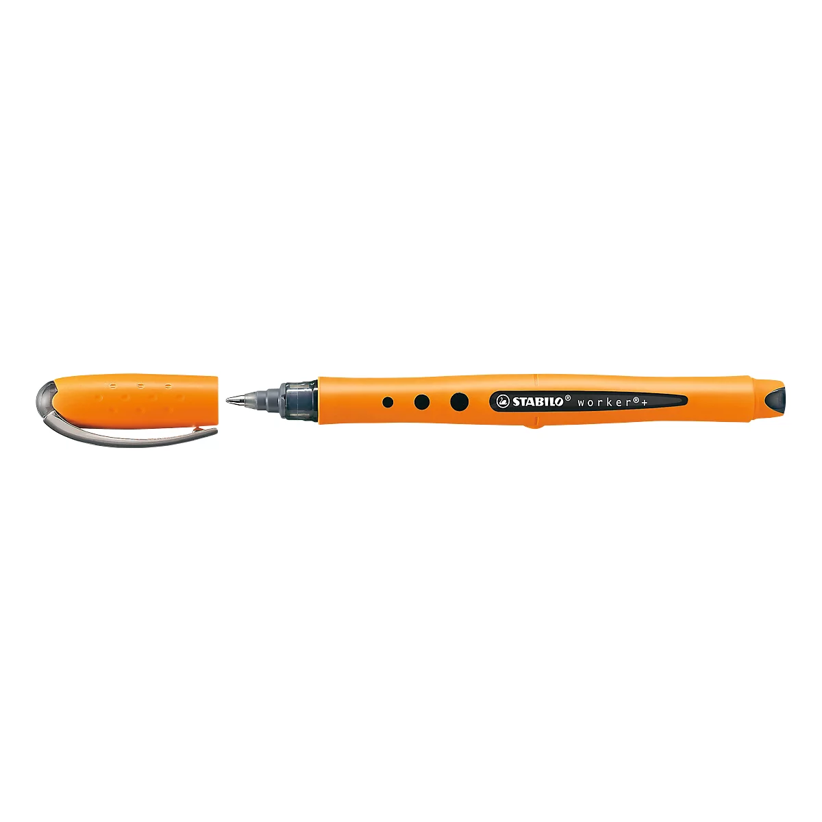 An orange highlighter with a black tip and the inscription "STABILO worker".