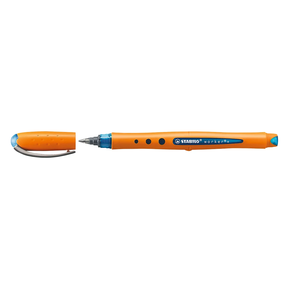 An orange highlighter with a blue pen end and clip. The highlighter has the words "STABILO worker" on it.