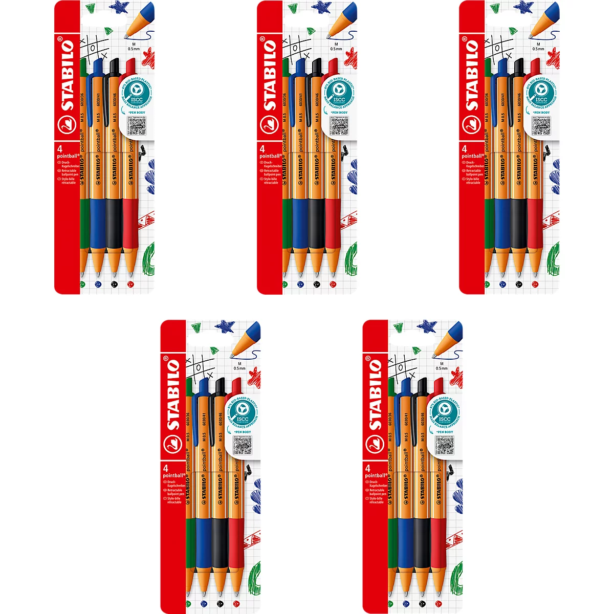 Vijf pakken Stabilo Point 88 fineliners. Elk pak bevat vijf pennen in verschillende kleuren.