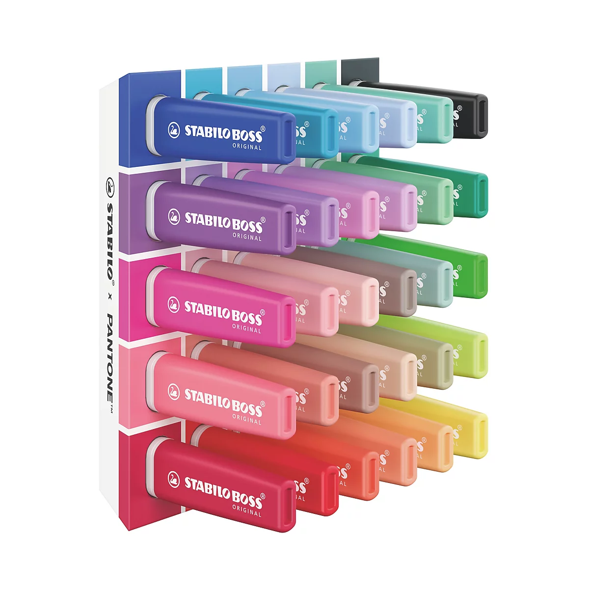 Ein Display mit einer Vielzahl farbenfroher Stabilo Boss Textmarker in unterschiedlichen Pastell- und Leuchttönen.