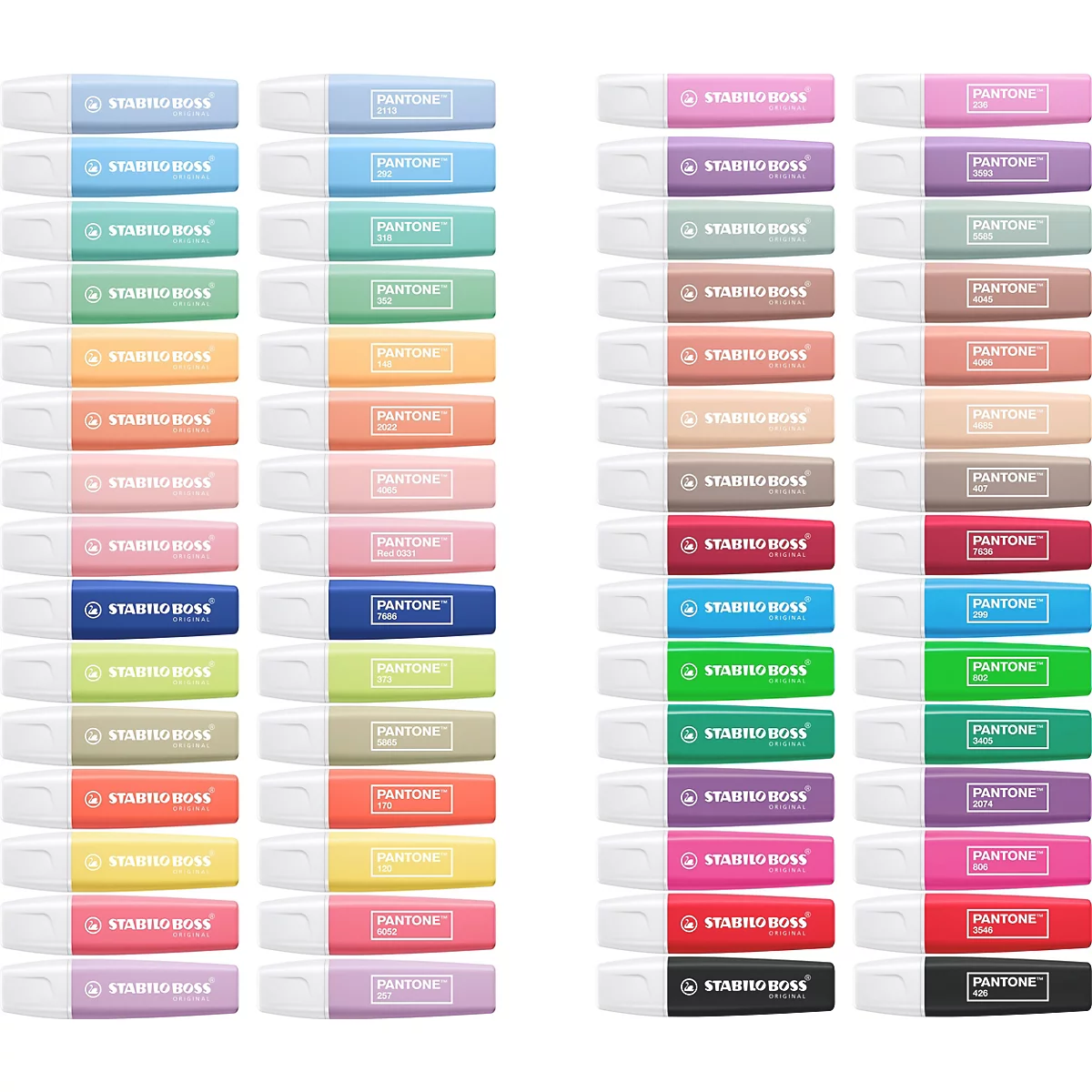 Vier Reihen farbenfroher Stabilo Boss Textmarker mit Pantone-Beschriftung auf weißem Hintergrund.