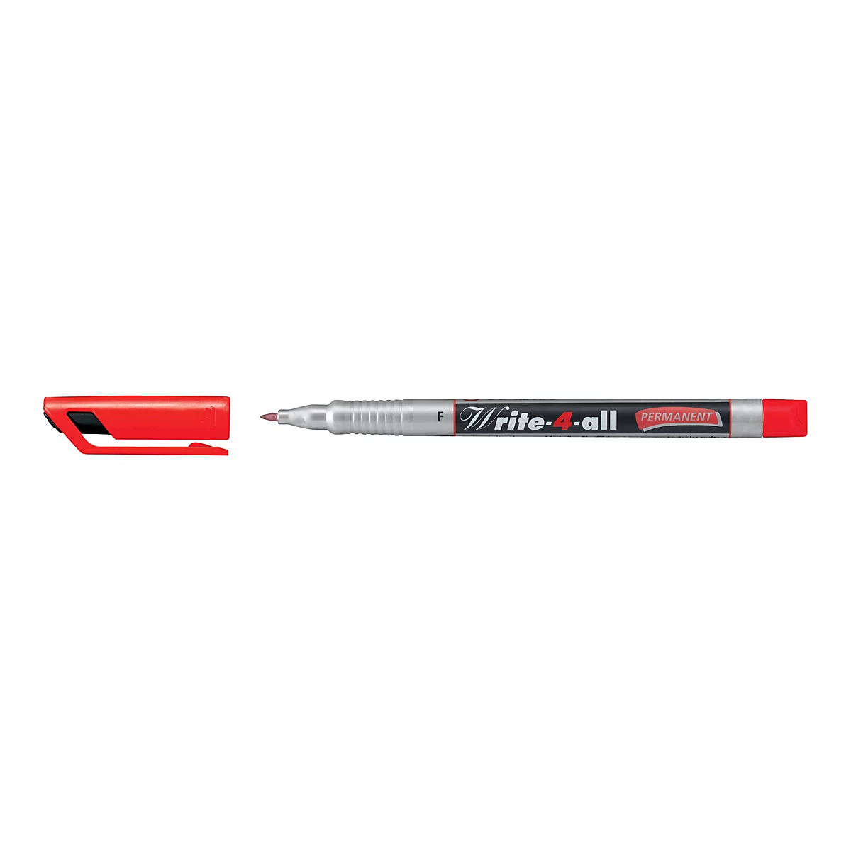Un marqueur permanent rouge avec son bouchon ouvert, placé sur un fond blanc. Le stylo est argenté avec le texte "Write-4-all" et "Permanent".