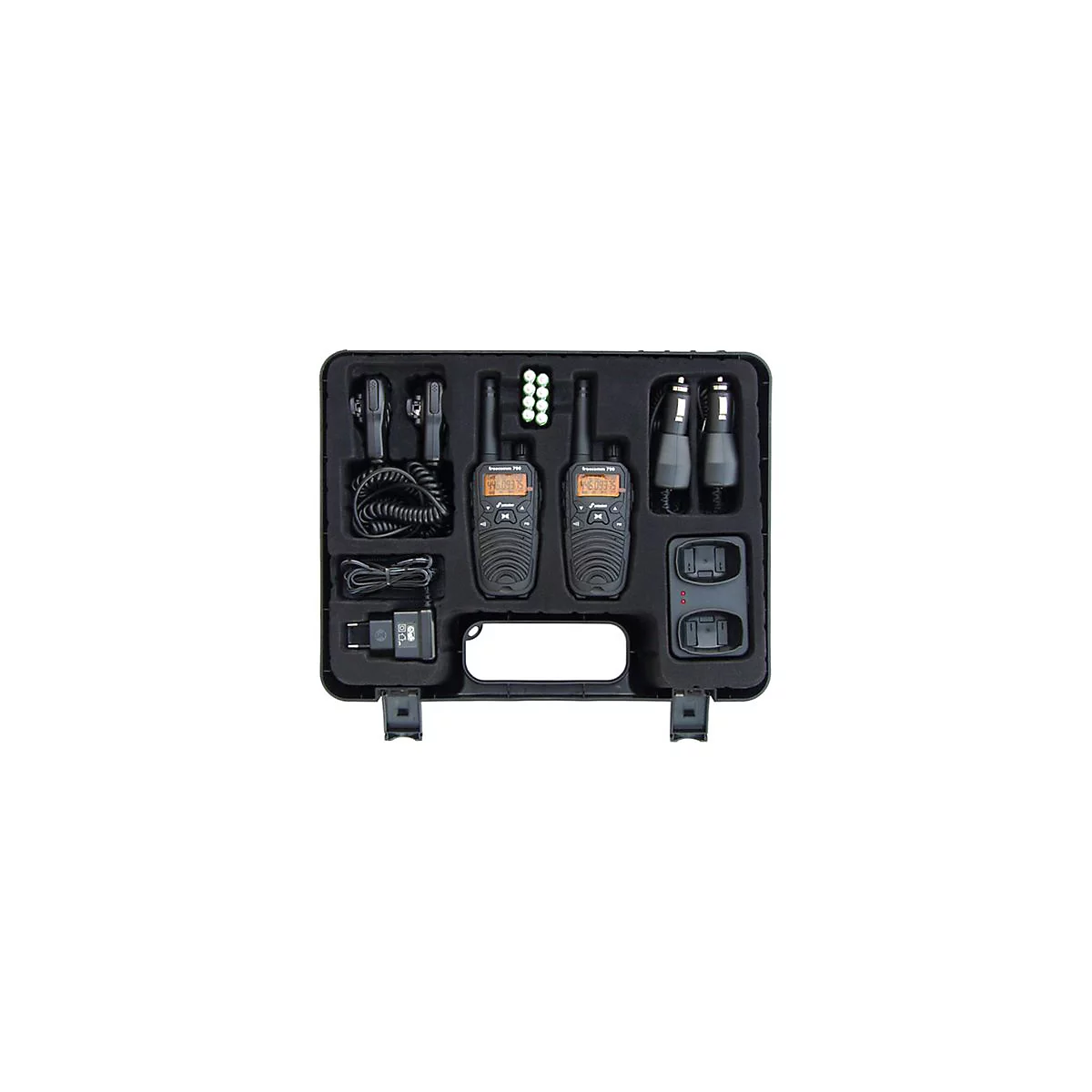 Schwarzer Koffer, gefüllt mit zwei Funkgeräten, Ladegeräten, Kabeln und Batterien.