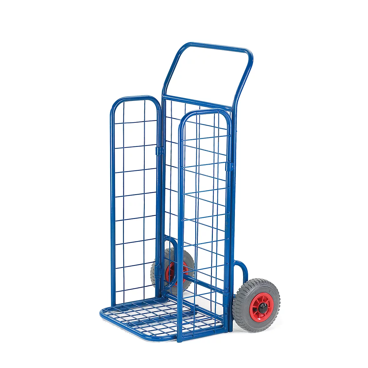 Blue transport cart with a grid frame and two wheels with red hubs.