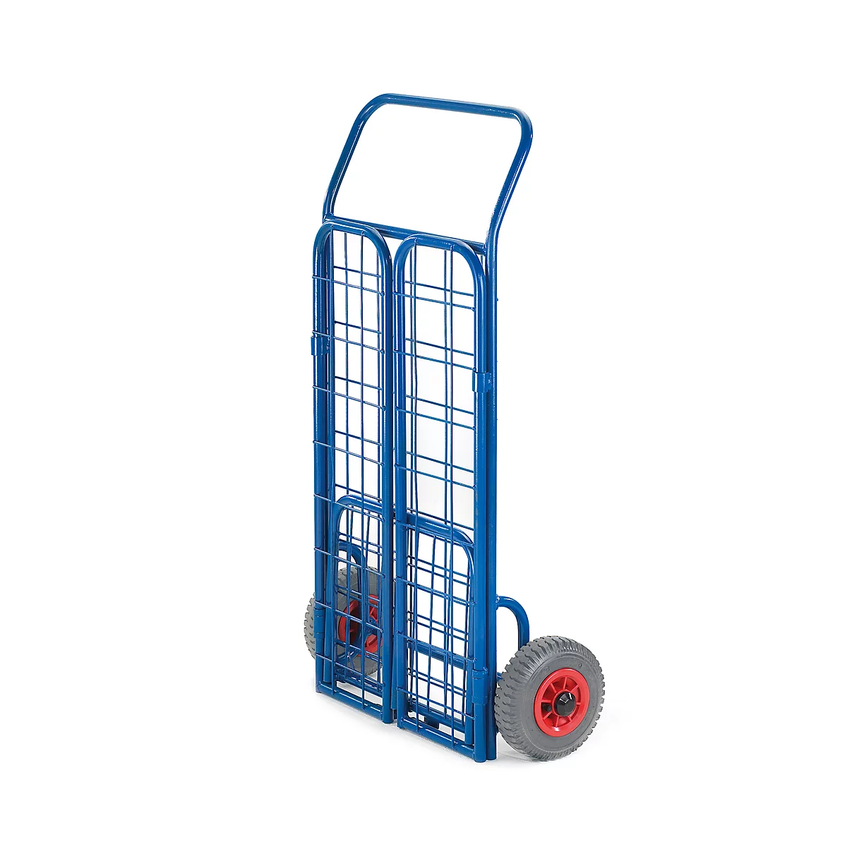 Blue, folded transport cart with grey wheels. The wheels have red hubs.