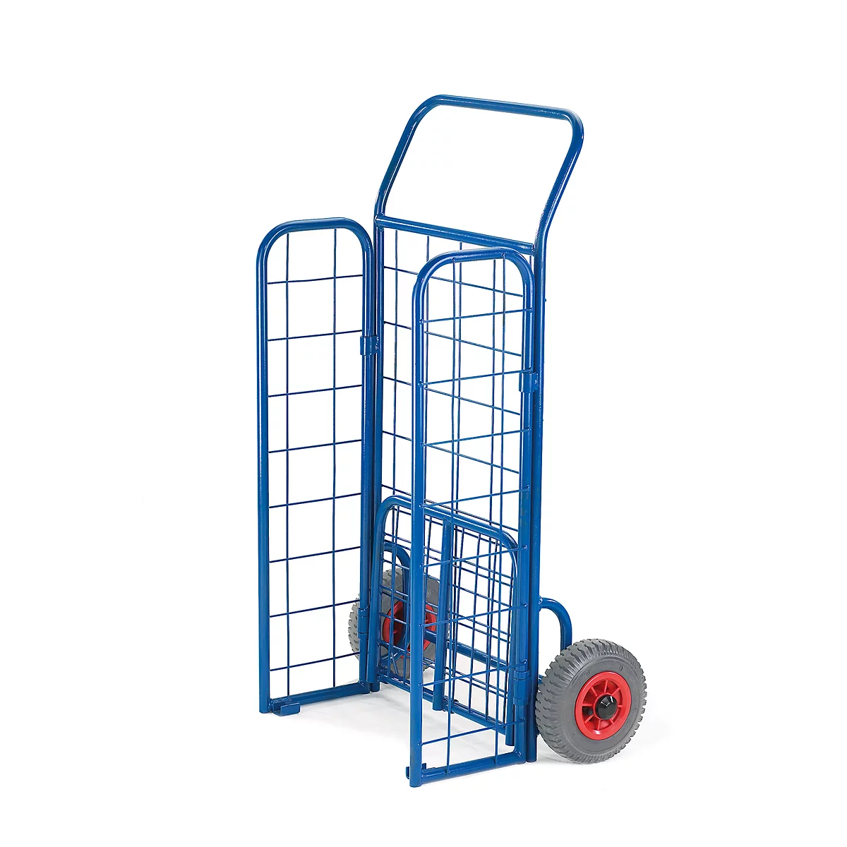 Blue grid cart photographed on a white background. The cart has a wheel with a red hub.
