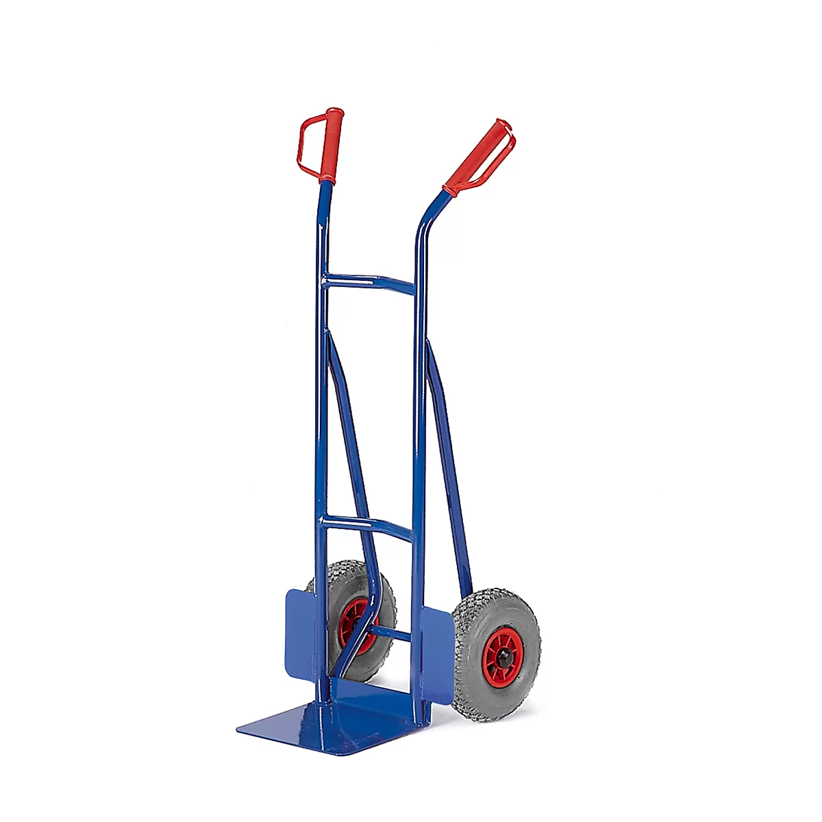 Blue hand truck with red handles and two wheels against a white background.