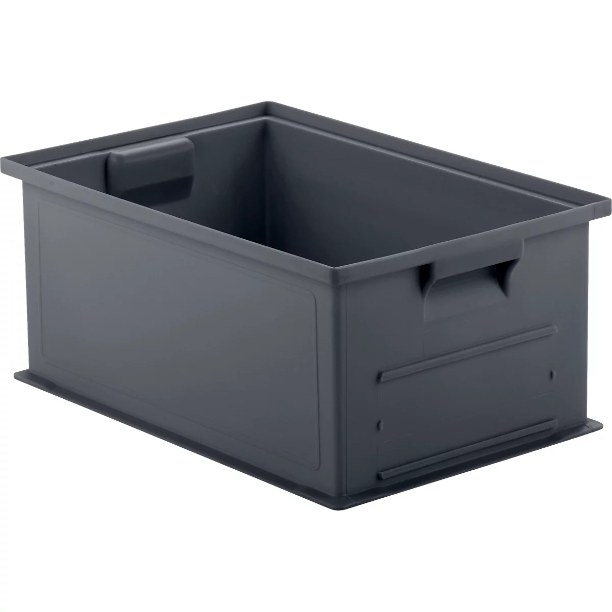 Gray plastic box with handles and rectangular shape.