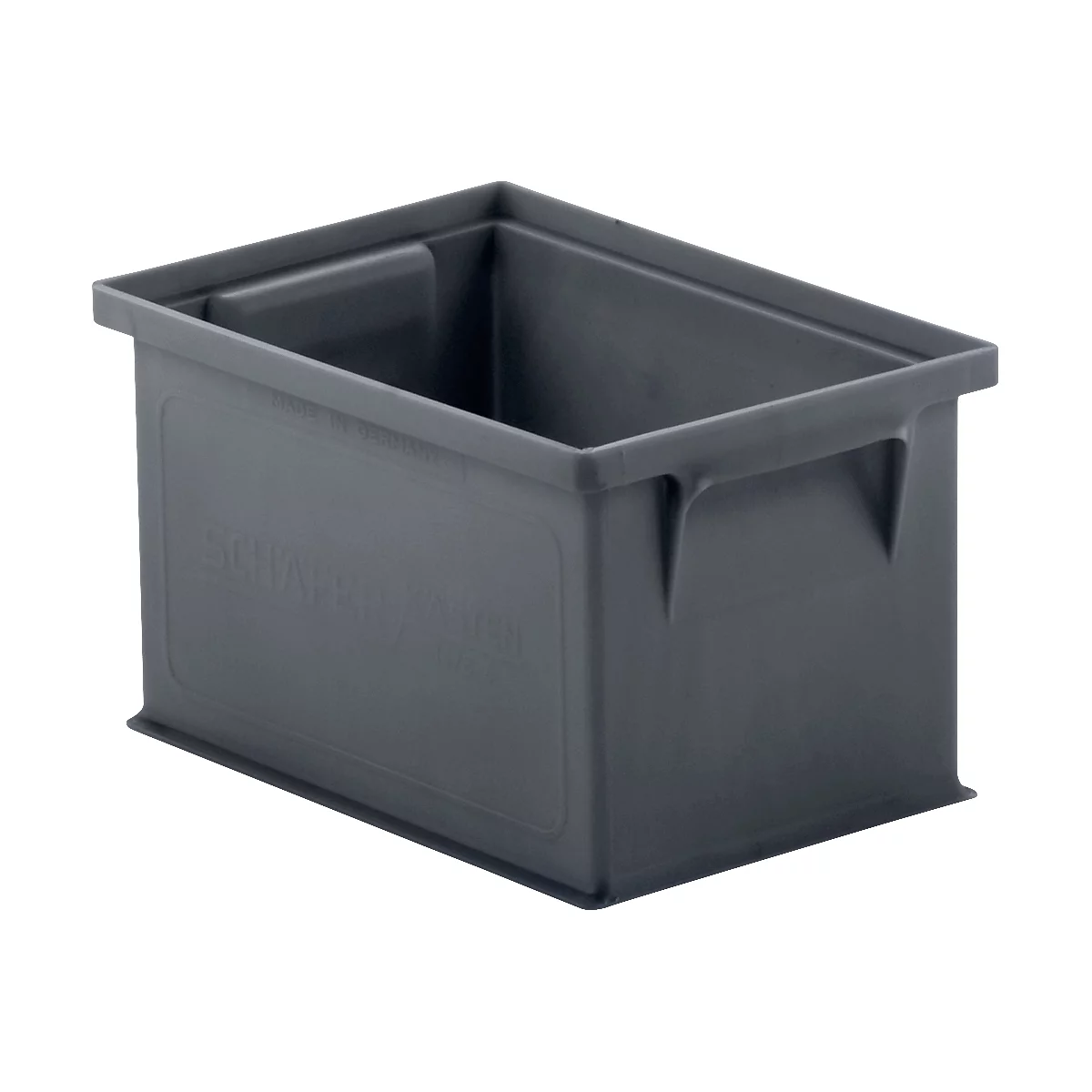 Gray plastic box with a rectangular shape. There are carrying handles on the sides.