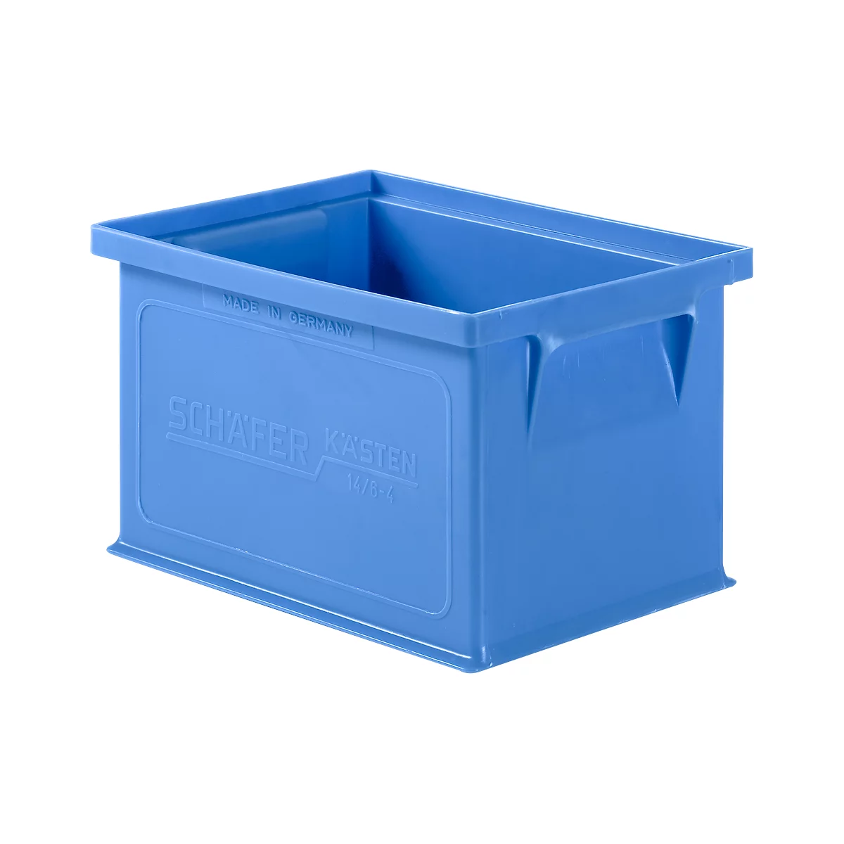 Blue plastic box with the engraved inscription "SCHÄFER KÄSTEN".