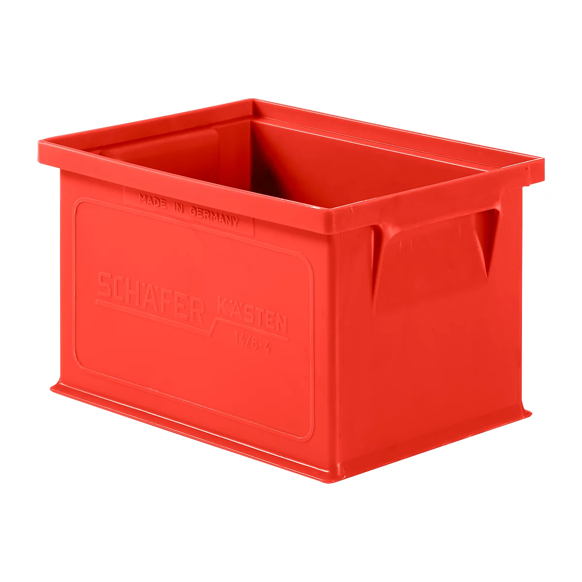 Red plastic box with handles. The front says SCHÄFER KASTEN.