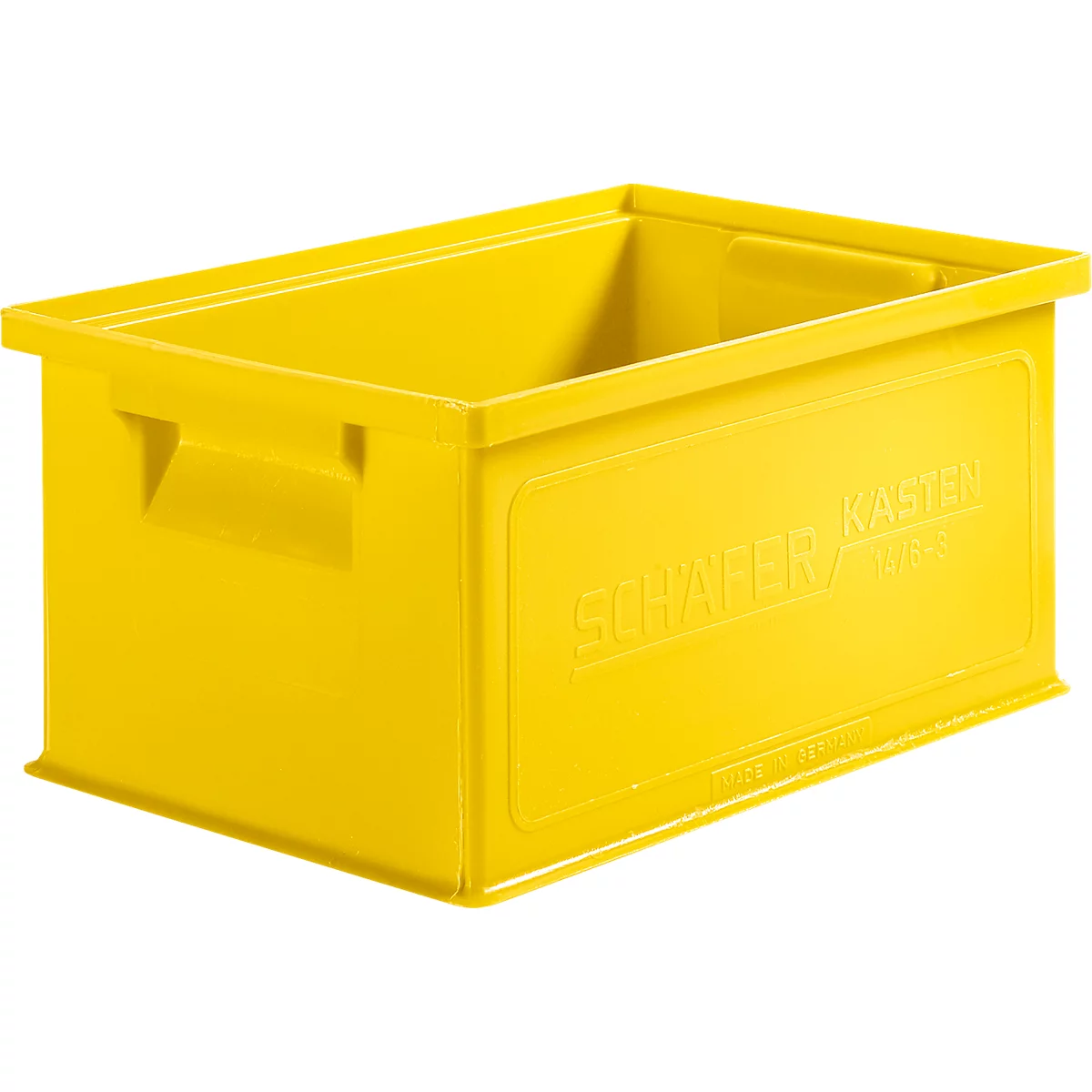 Yellow plastic box with handles. Inscription: Schäfer box.
