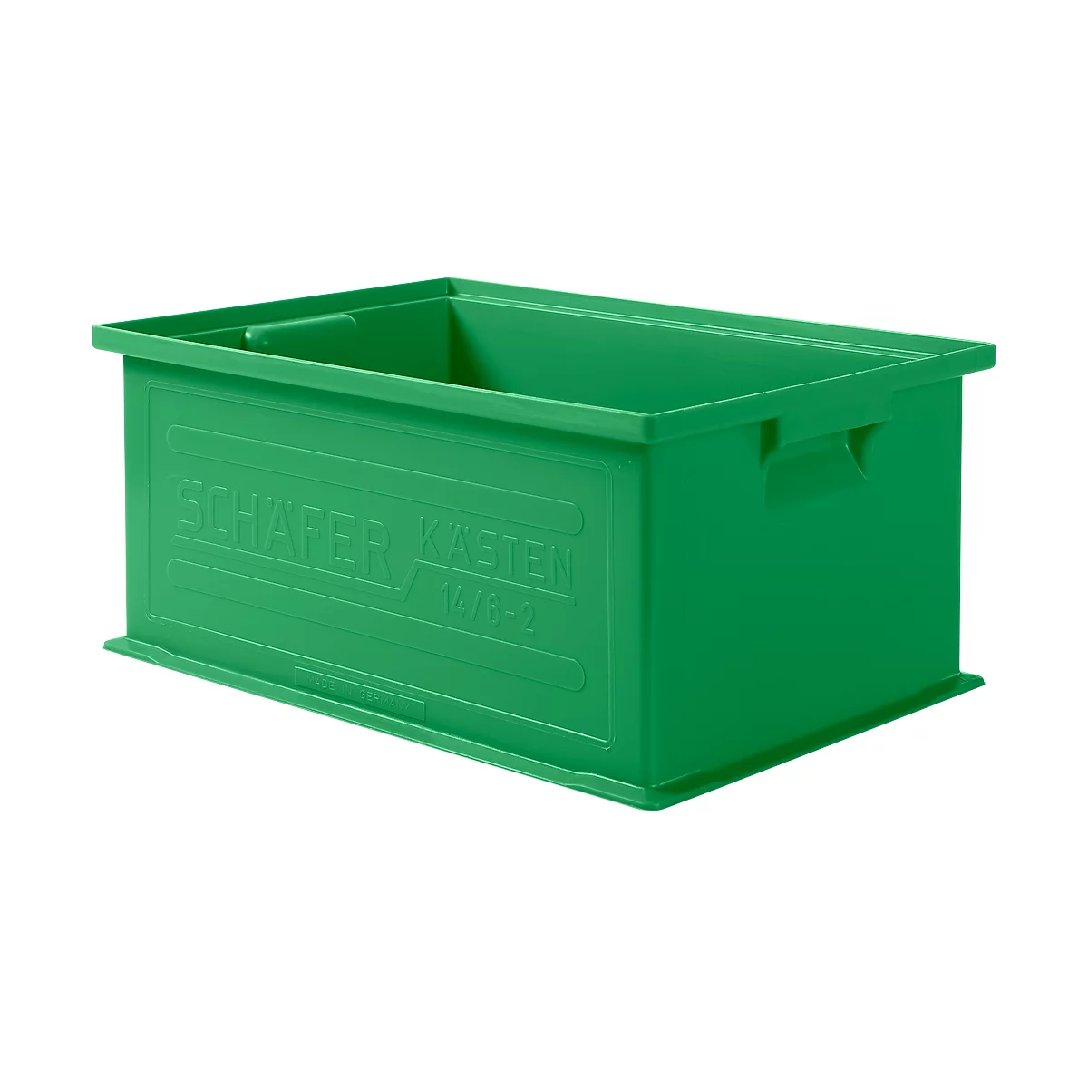 Green plastic box with lettering. Rectangular shape, recessed grips, text: SCHÄFER KASTEN 1976-2.