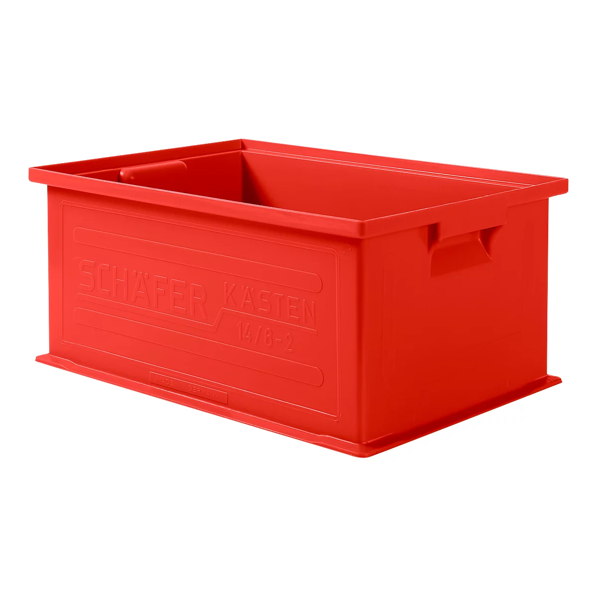 Red plastic box, with handles and lettering SCHÄFER KASTEN.