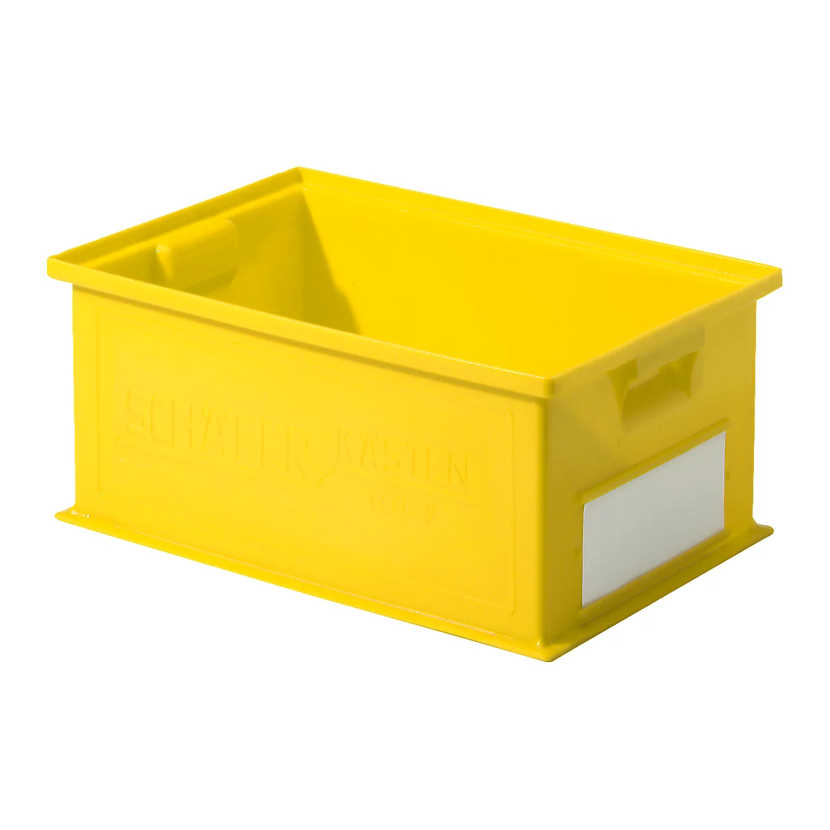 Yellow plastic box with handles, lettering and white label. Inscription: SCHAULOCHMEISTER.