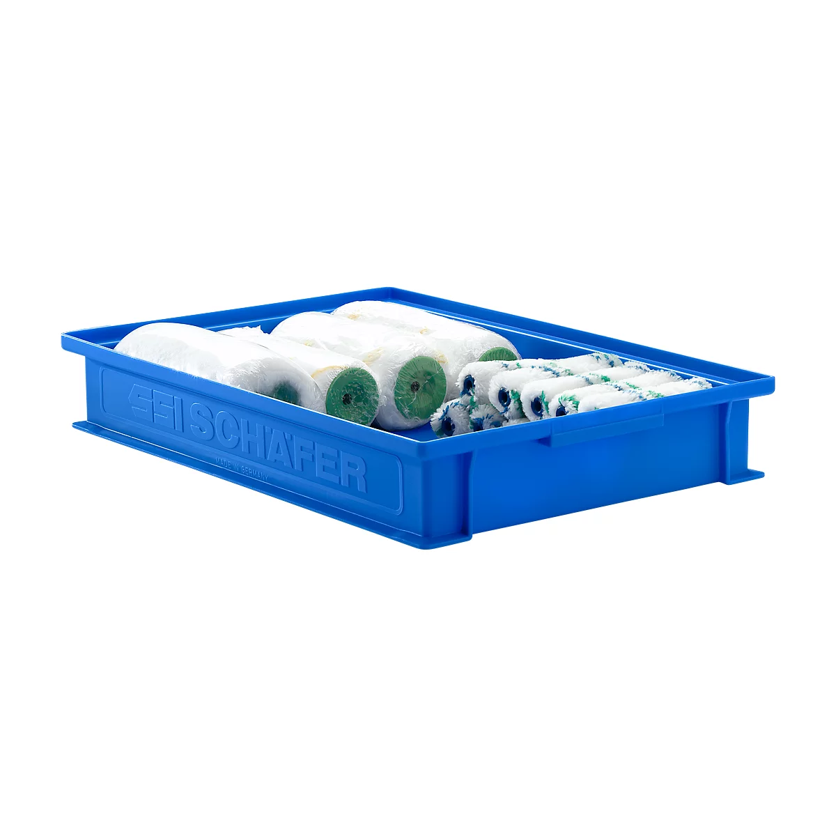 Blue plastic tray with paint rollers. The tray says "FISCHAPER" in capital letters. The rollers are white with green ends.