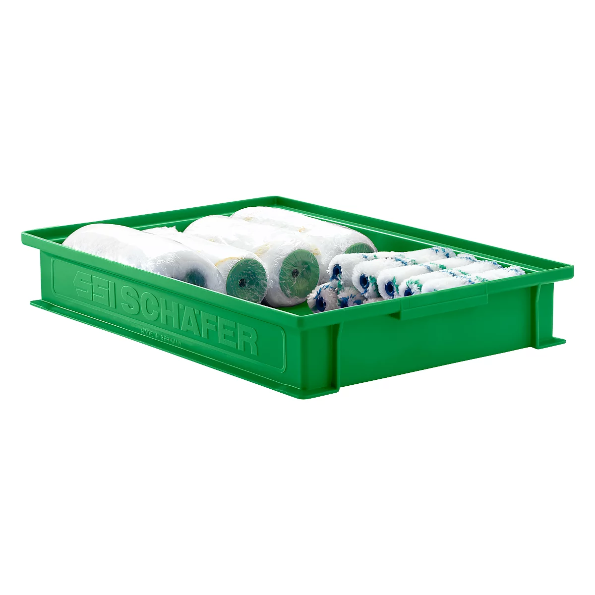 Green box with paint rollers and small rolls. Inscription: GEISCHAFER.