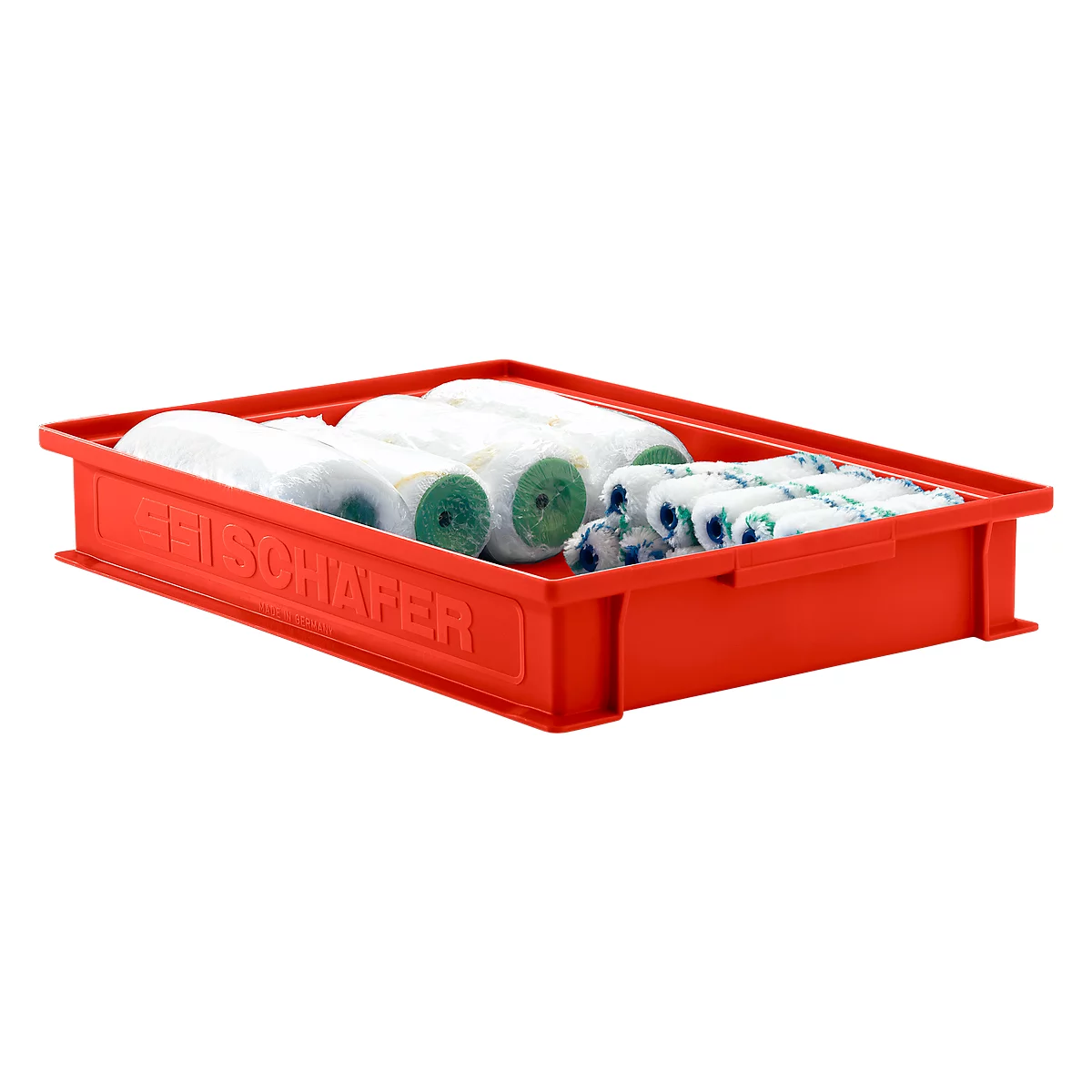 Red transport box with white and green paint rollers.