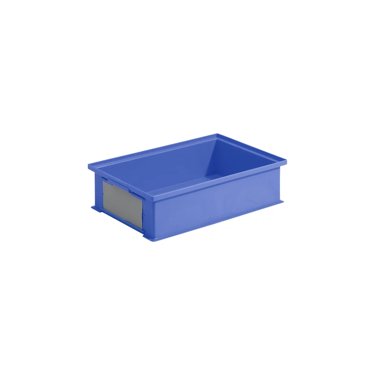 Blue plastic box with gray front. Rectangular shape, rounded top edge.
