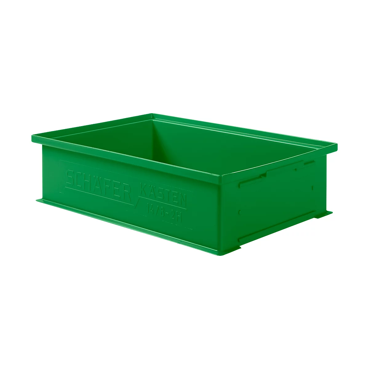 Green plastic crate with the inscription "SCHAFER AGRO". Rectangular shape with recessed handles.