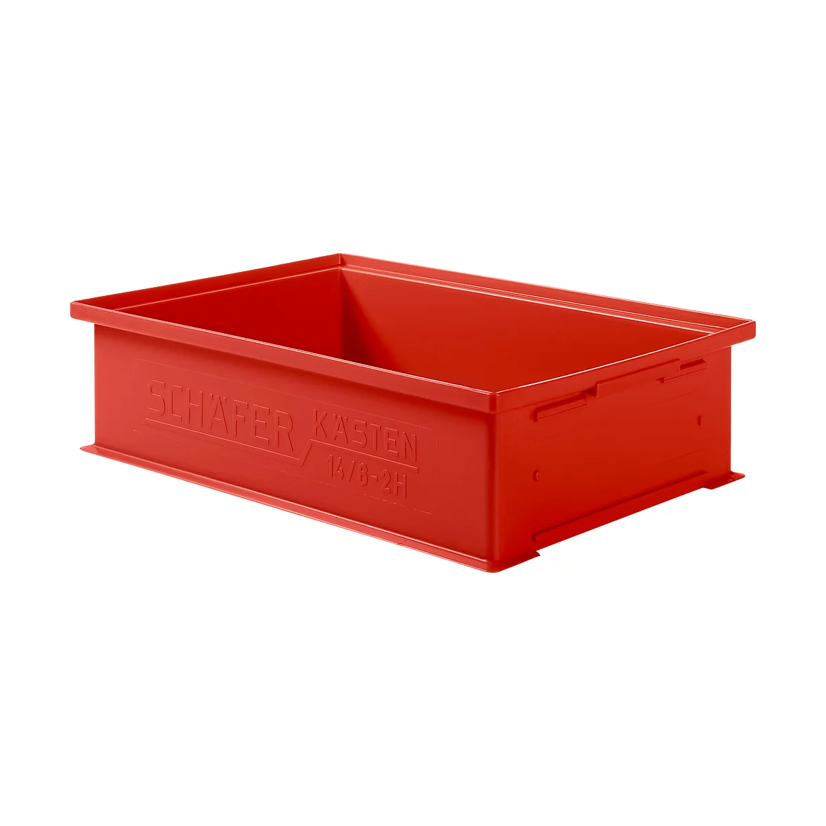 Red plastic box, rectangular, with handles and the inscription "SCHÄFER KASTEN".