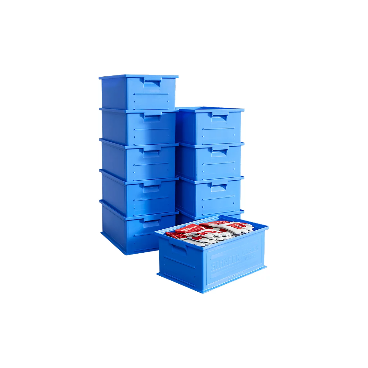 Blue crates, some stacked. One crate is filled with red and white gloves.