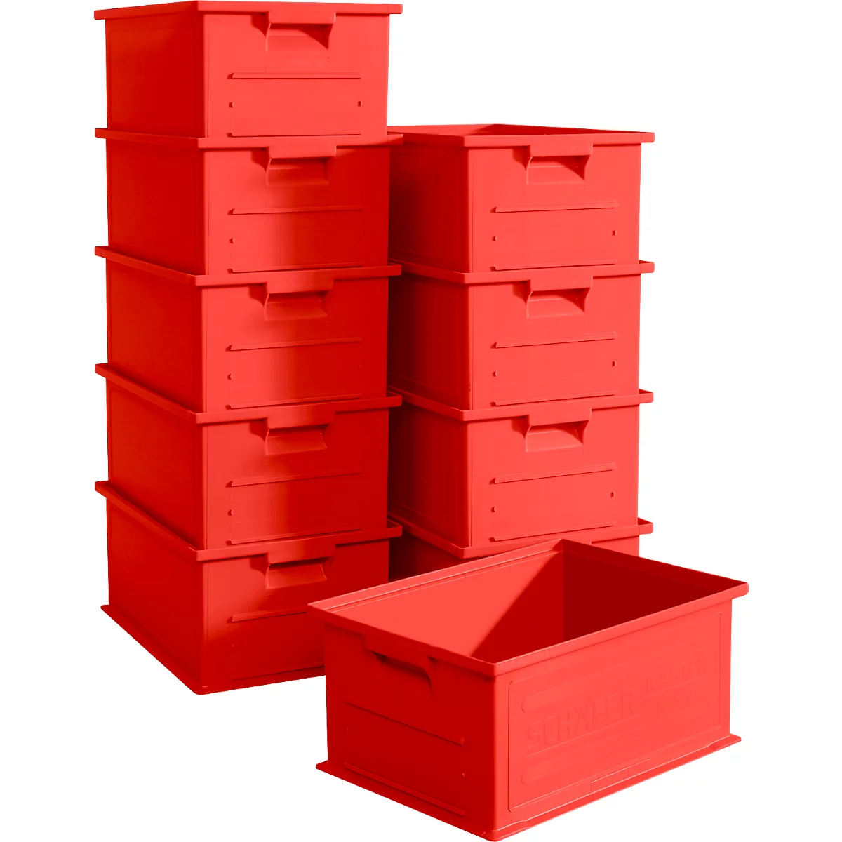 Red plastic crates, stacked and arranged. One crate is open.